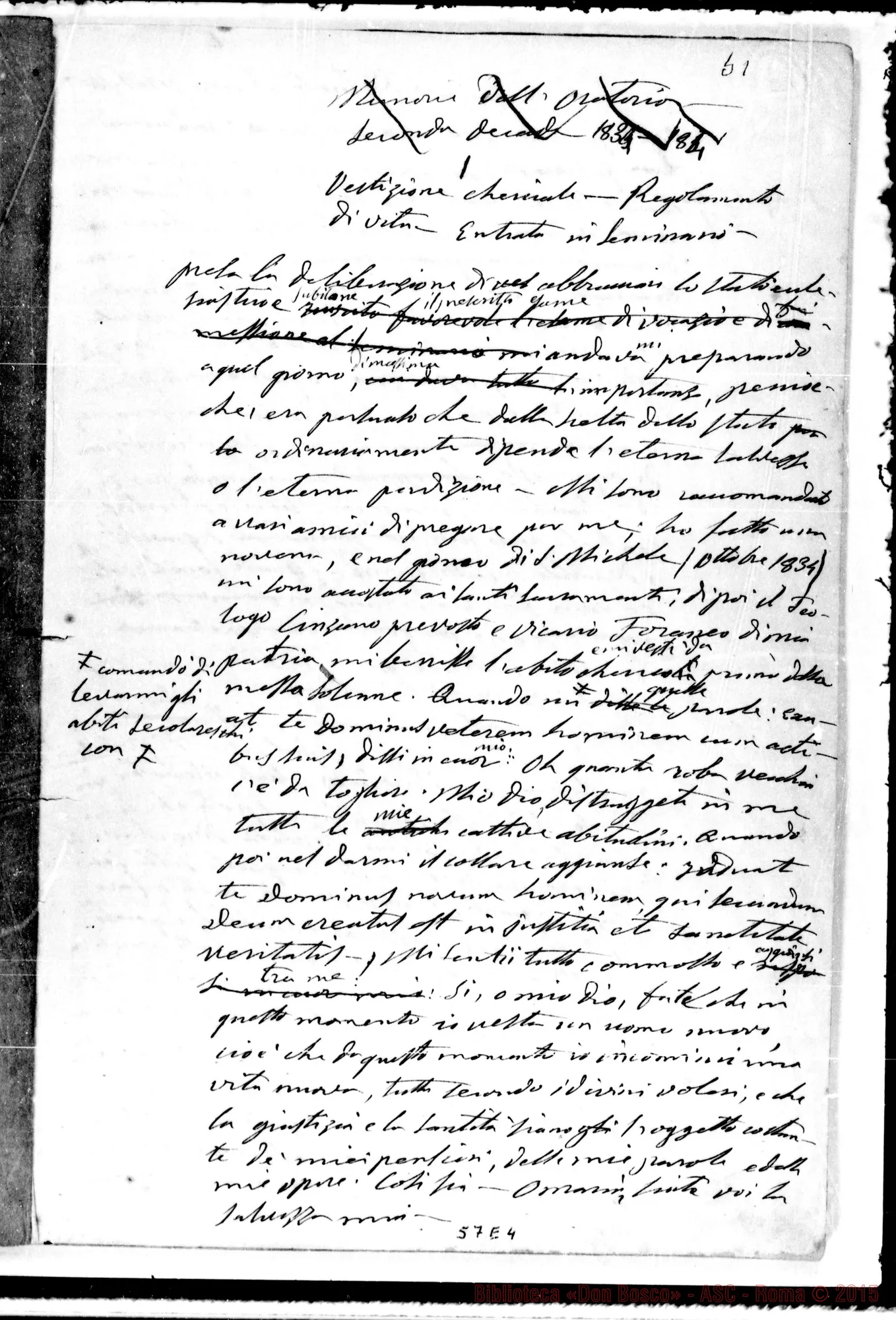 Fotogramma E 4 — Memorie dell'Oratorio di S. Francesco di Sales. Esclusivamente pei Soci salesiani». Ms. autogr. Bosco