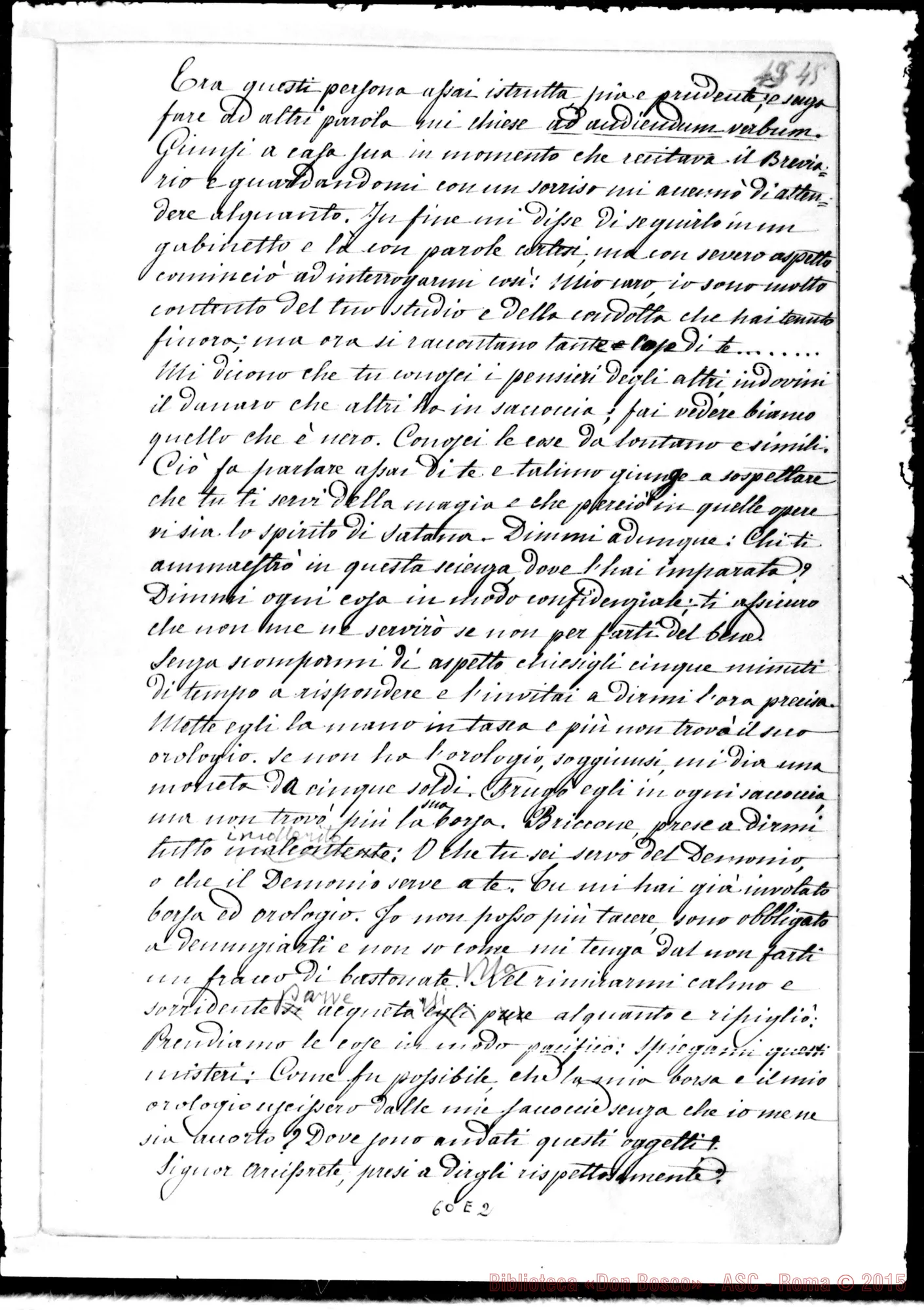 Fotogramma E 2 — Memorie dell'Oratorio di S. Francesco di Sales. Esclusivamente per i Soci Salesiani. Ms. autogr. di D. Berto con correzioni e molte aggiunte autogr. di D. Bosco