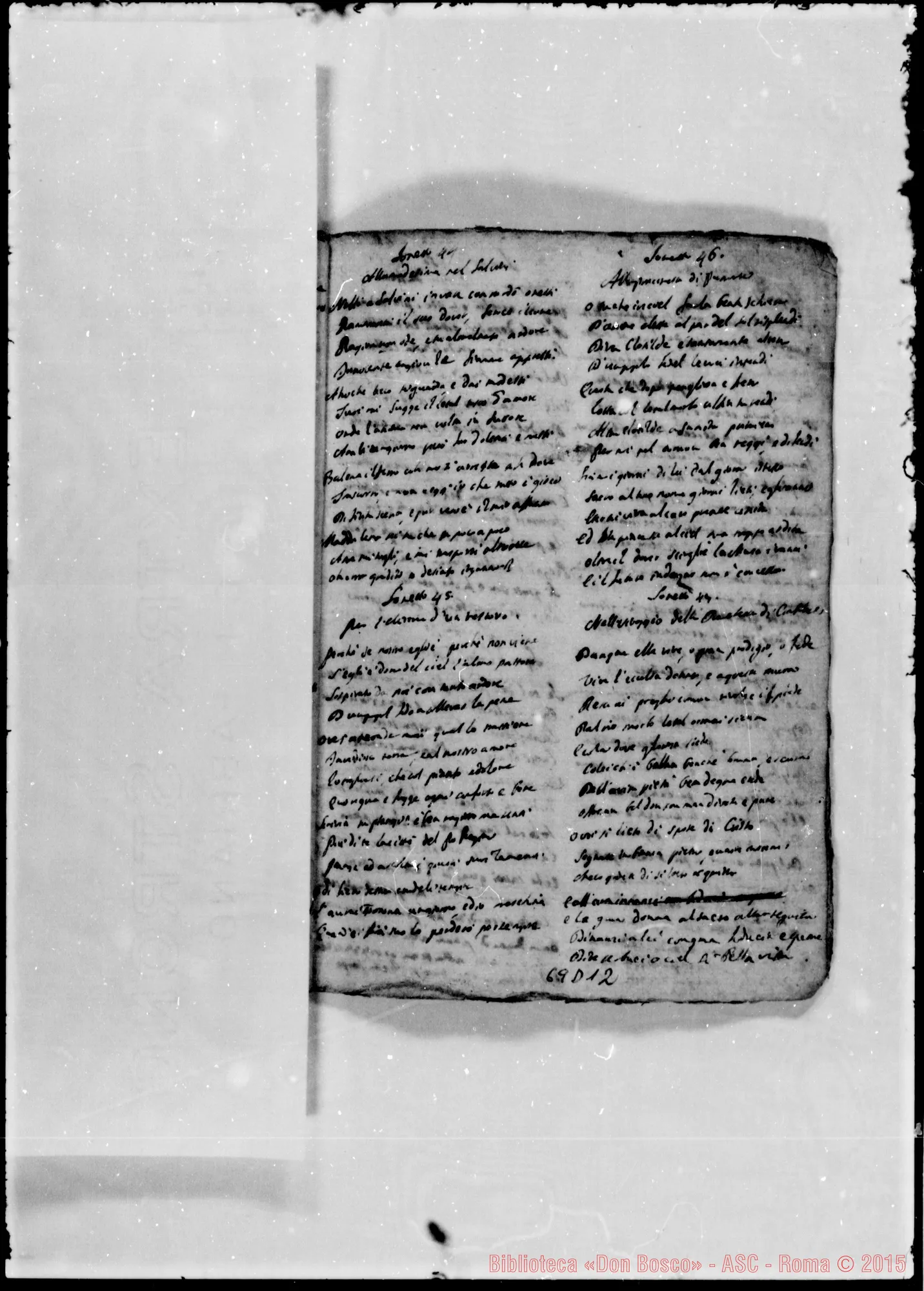 Fotogramma D 12 — «Sonetti III…» Sonetti ed altre composizioni poetiche