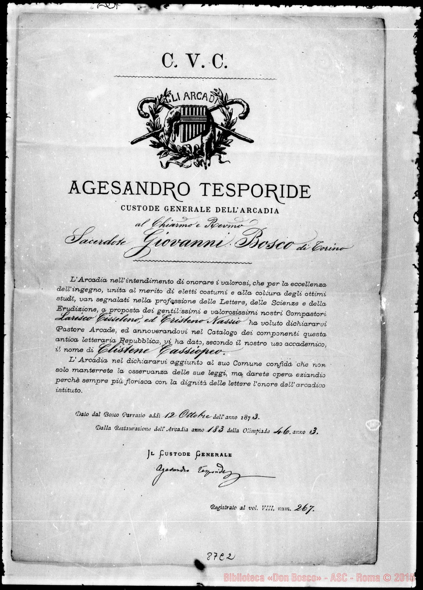 Fotogramma C 2 — Due diplomi di «Arcade»: 1873 E 1874. (ASC 112)
