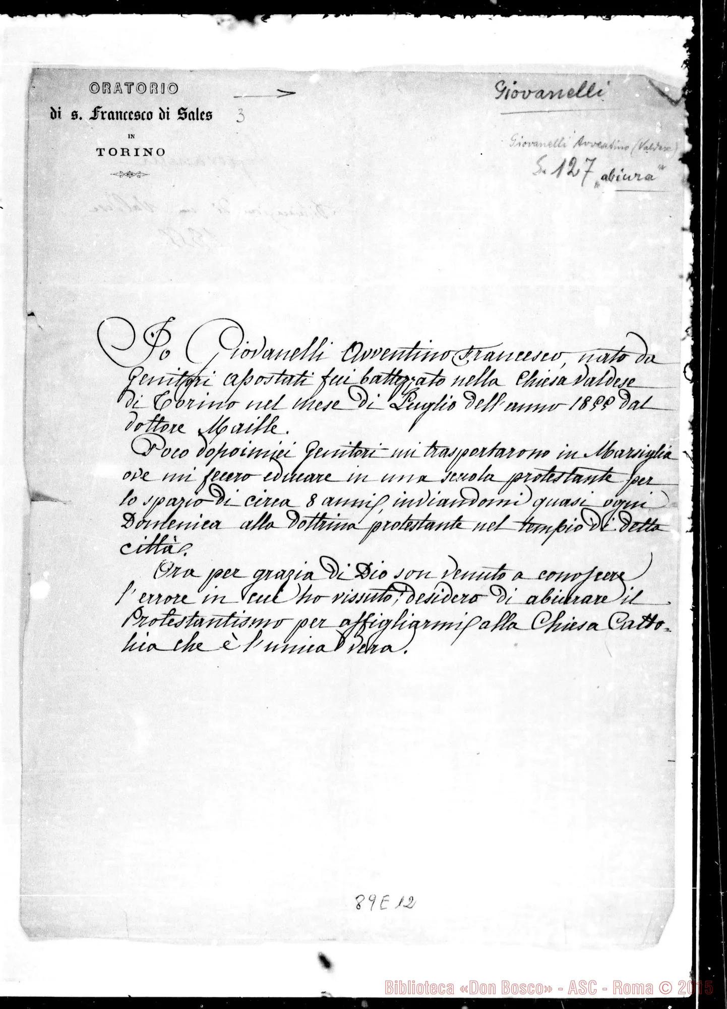 Fotogramma E 12 — Abiura di Giovanelli Avventino. 1855