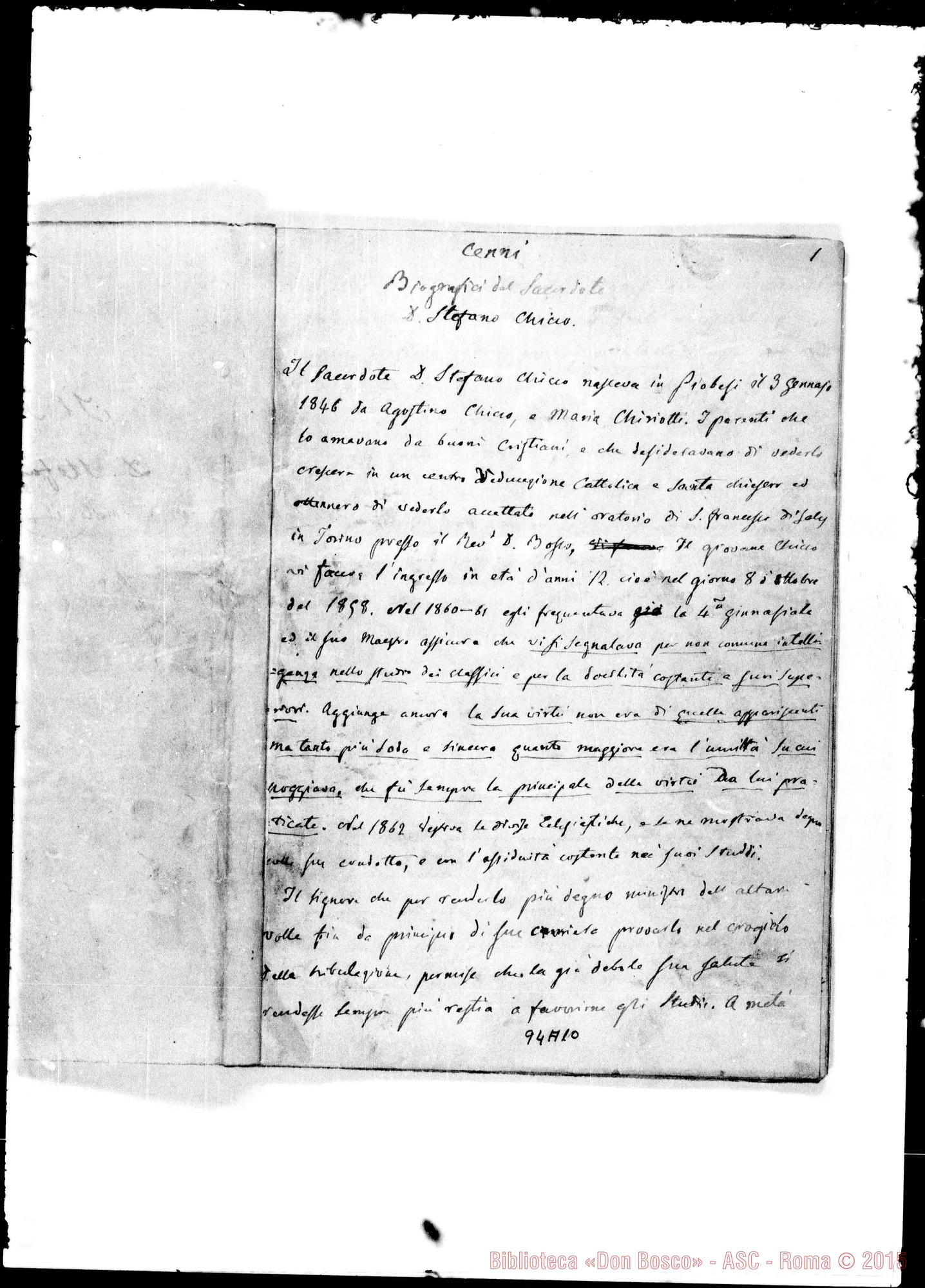 Fotogramma A 10 — Cenni biografici del Sac. D. Stefano Chicco. Ms.