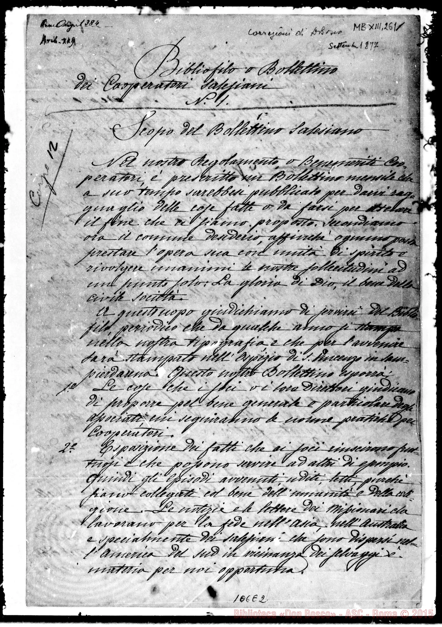 Fotogramma E 2 — Il primo Bollettino. Ms. con correzioni Bosco (ASC 131.04)