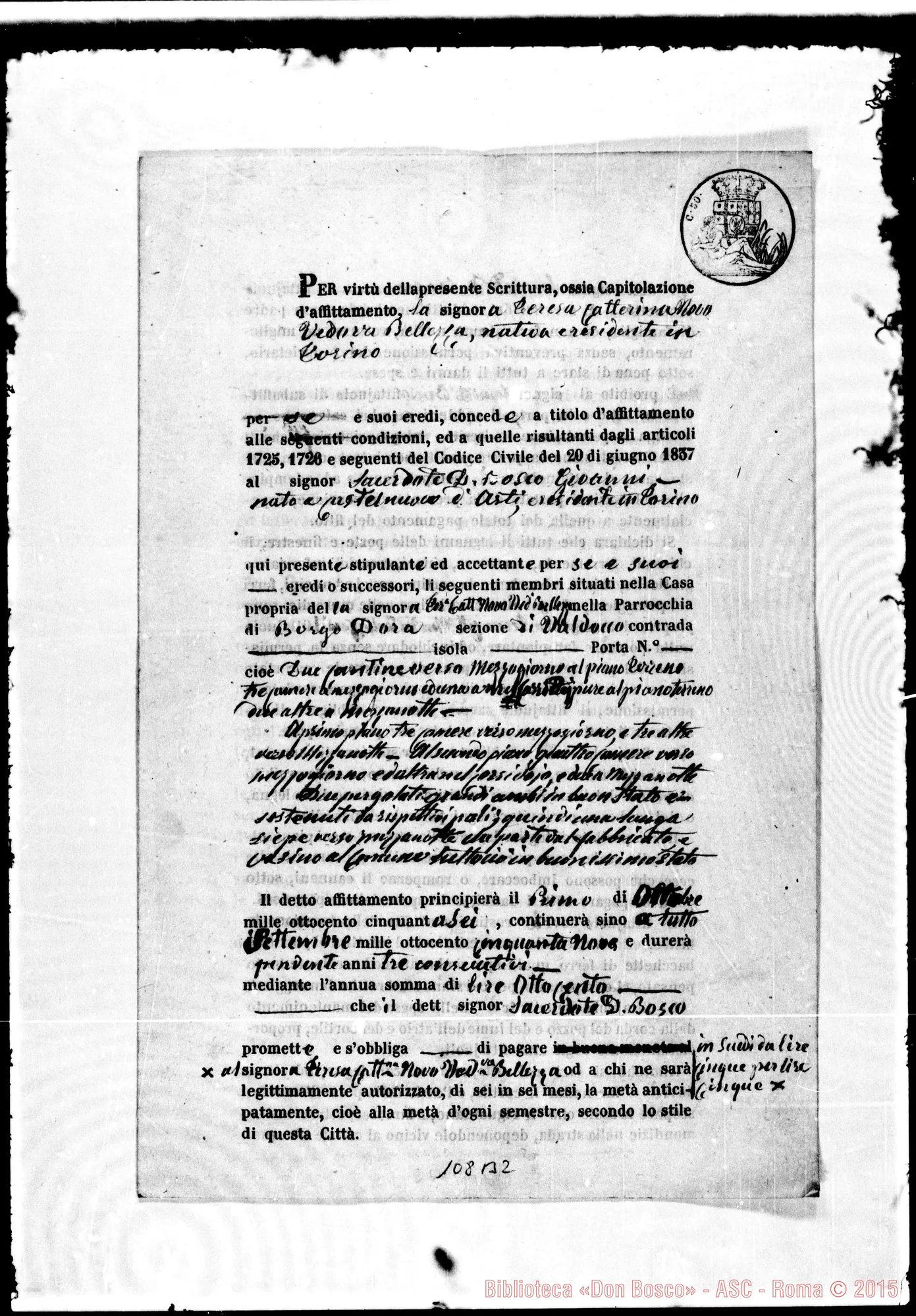 Fotogramma B 2 — (ASC 112): Contratto di affitto della Casa Belleza: 1853 E 1856