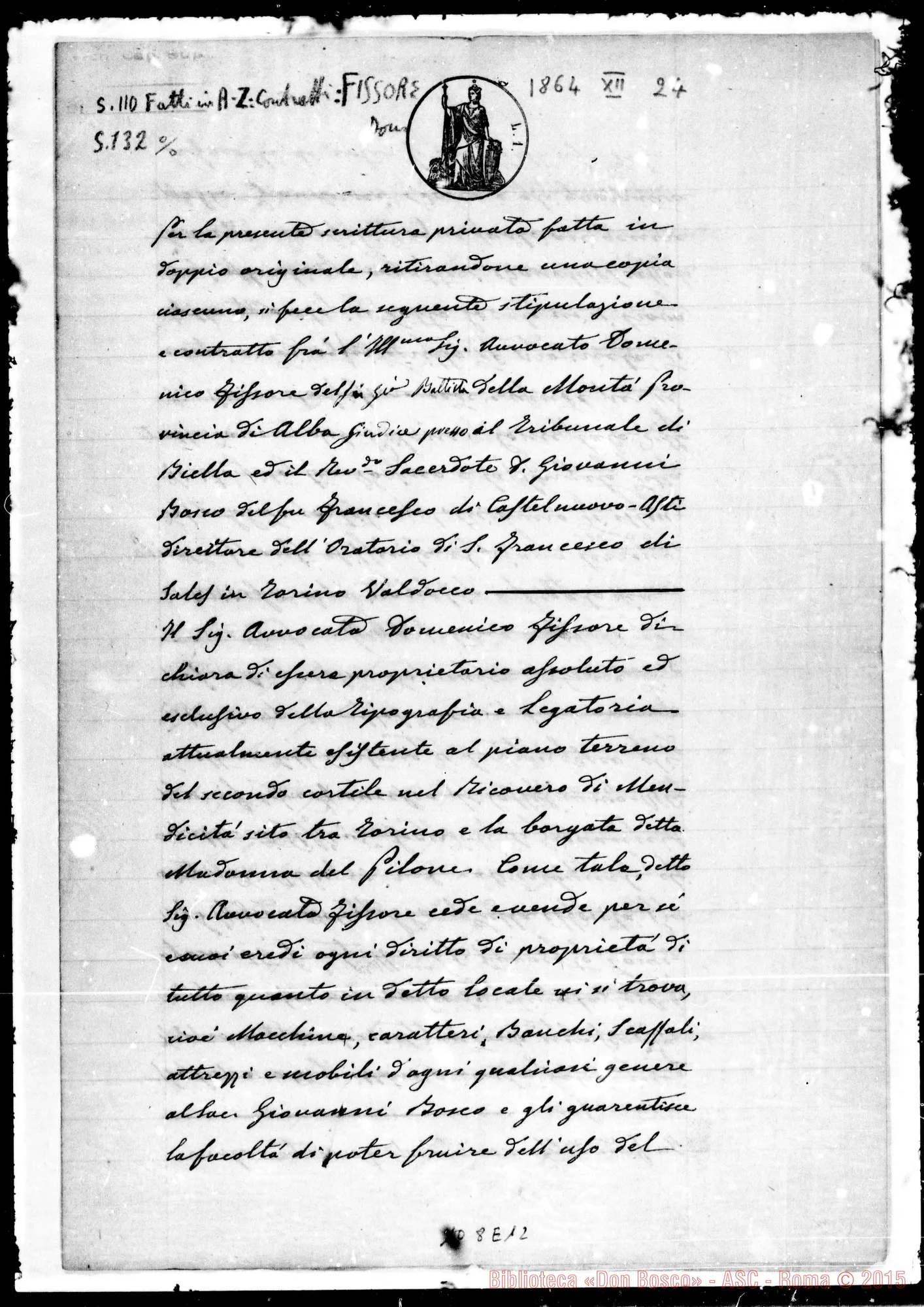 Fotogramma E 12 — Fissore: vendita tipografia. Scrittura privata. Firma aut. Bosco