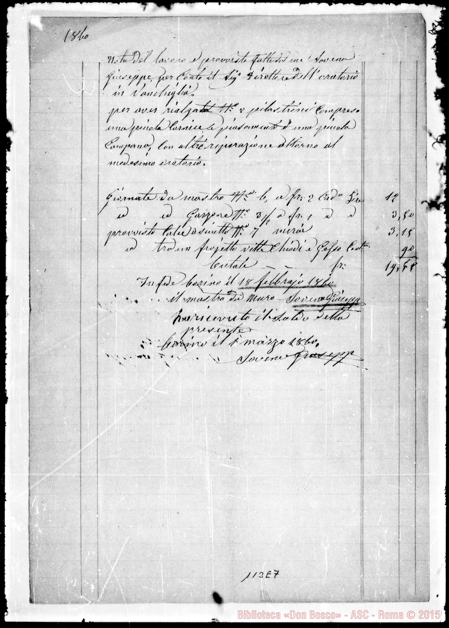 Fotogramma E 7 — Sovena Giuseppe, muratore. Per l’Oratorio di Vanchiglia