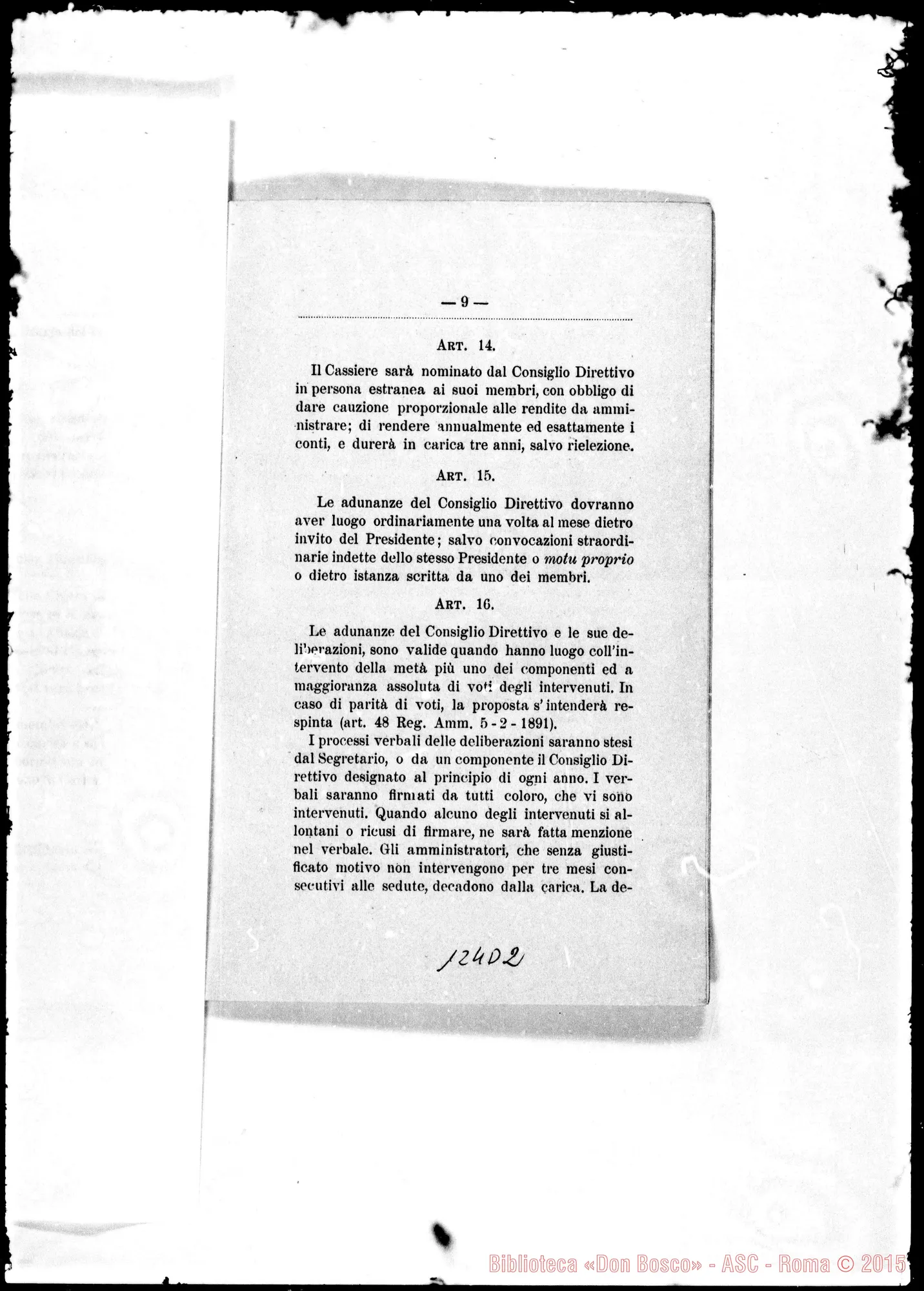 Fotogramma D 2 — Statuto Organico del Pio Istituto… Sacerdote Mariano Scriffignano