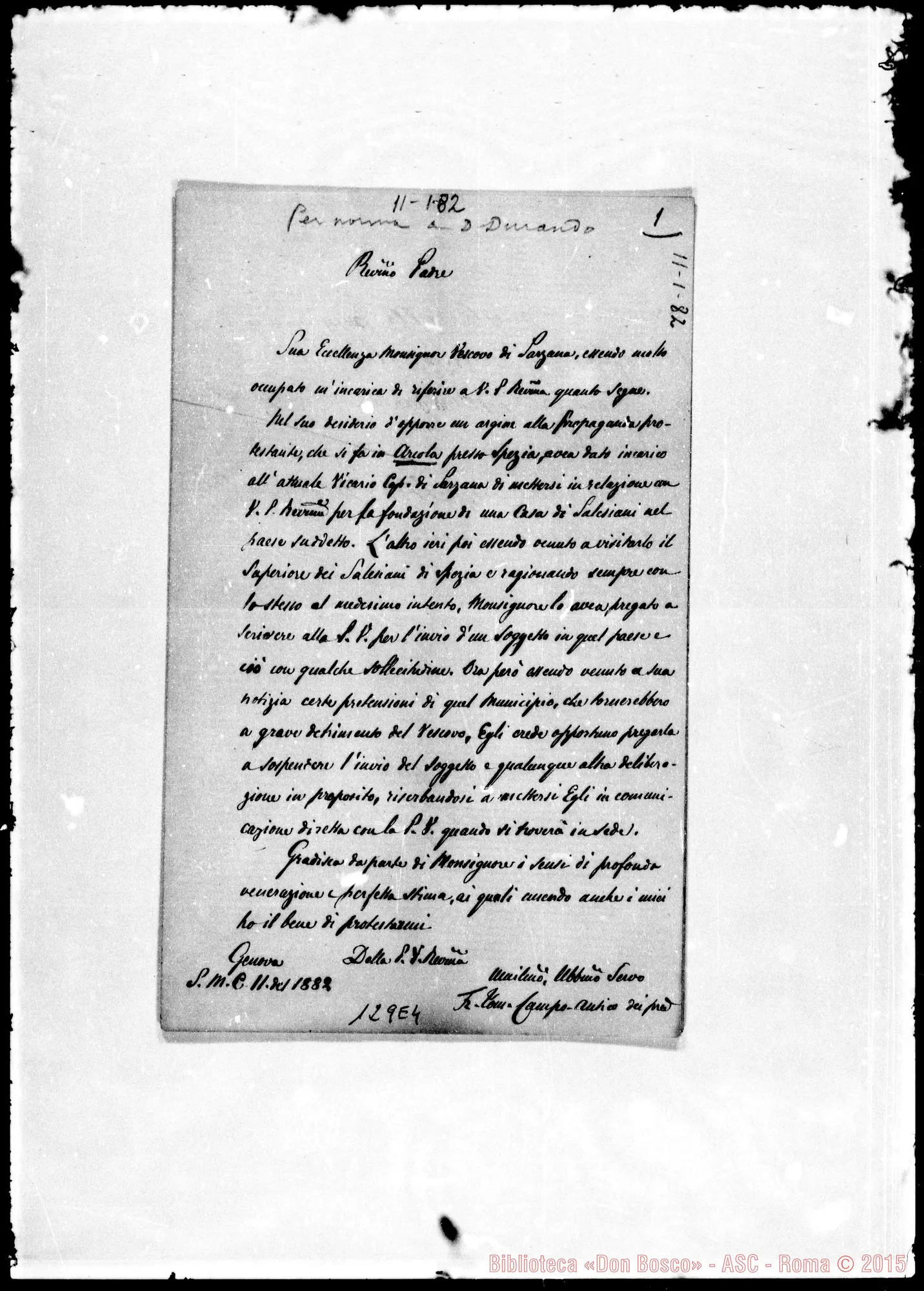 Fotogramma E 4 — Arcola: Corrispond.: Fr. Tom. Campo-Rev.mo Padre
