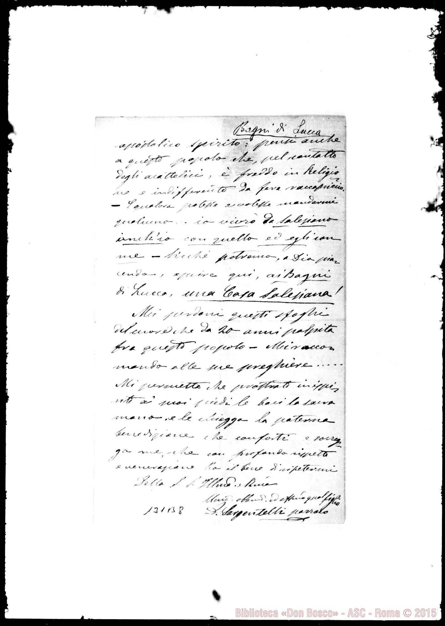 Fotogramma B 8 — Bagni di Lucca: Corrispond.: Sargentelli, parr.- III.mo E Rev.mo Signore