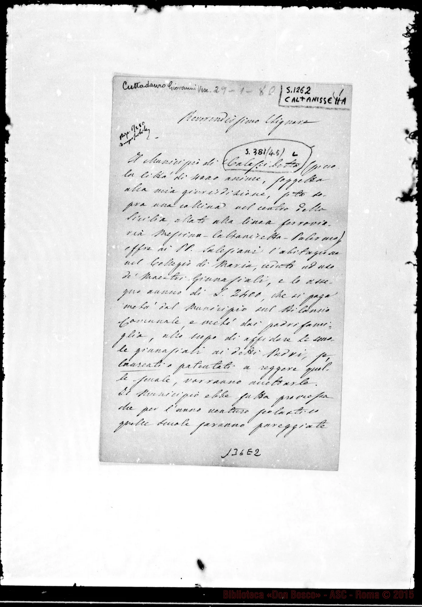 Fotogramma E 2 — Caltanissetta: Corrispond.: Cuttadauro-Bosco