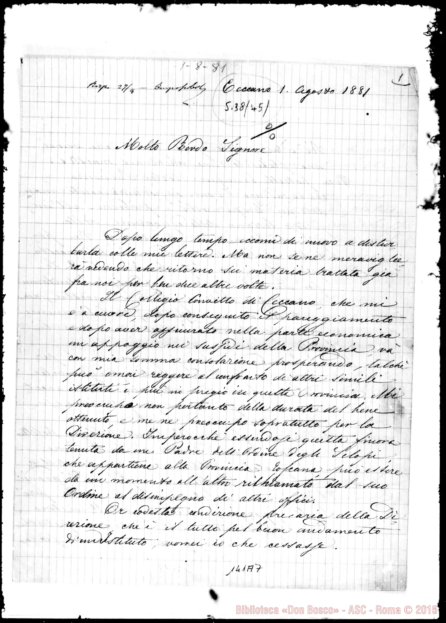 Fotogramma A 7 — Ceccano: Corrispond.: Filippo Berardi-Molto Rev.do Signore (D. Bosco)