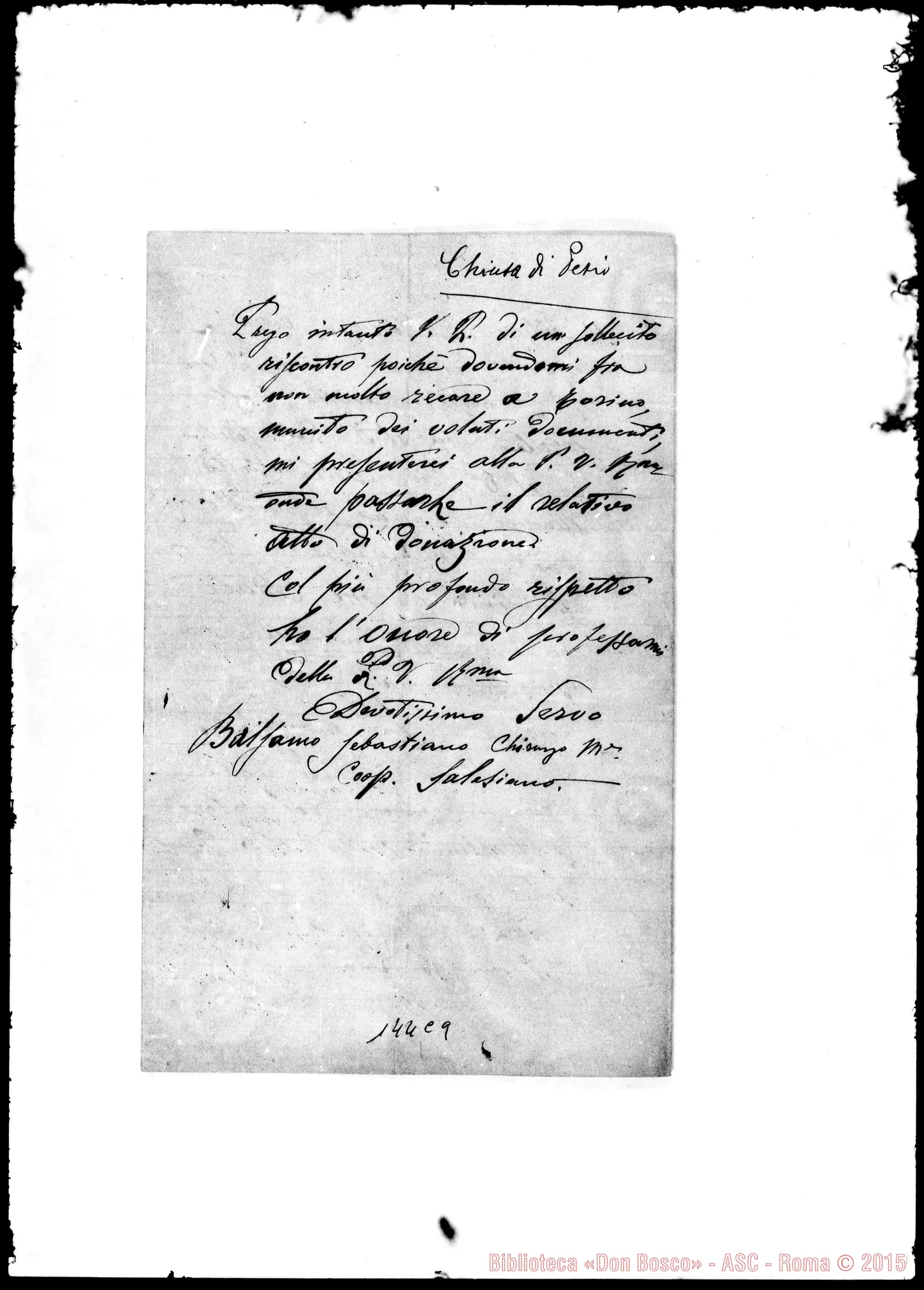 Fotogramma C 9 — Chiusa di Pesio: Corrispond.: B. Sebastiano-Molto Rev.do Padre