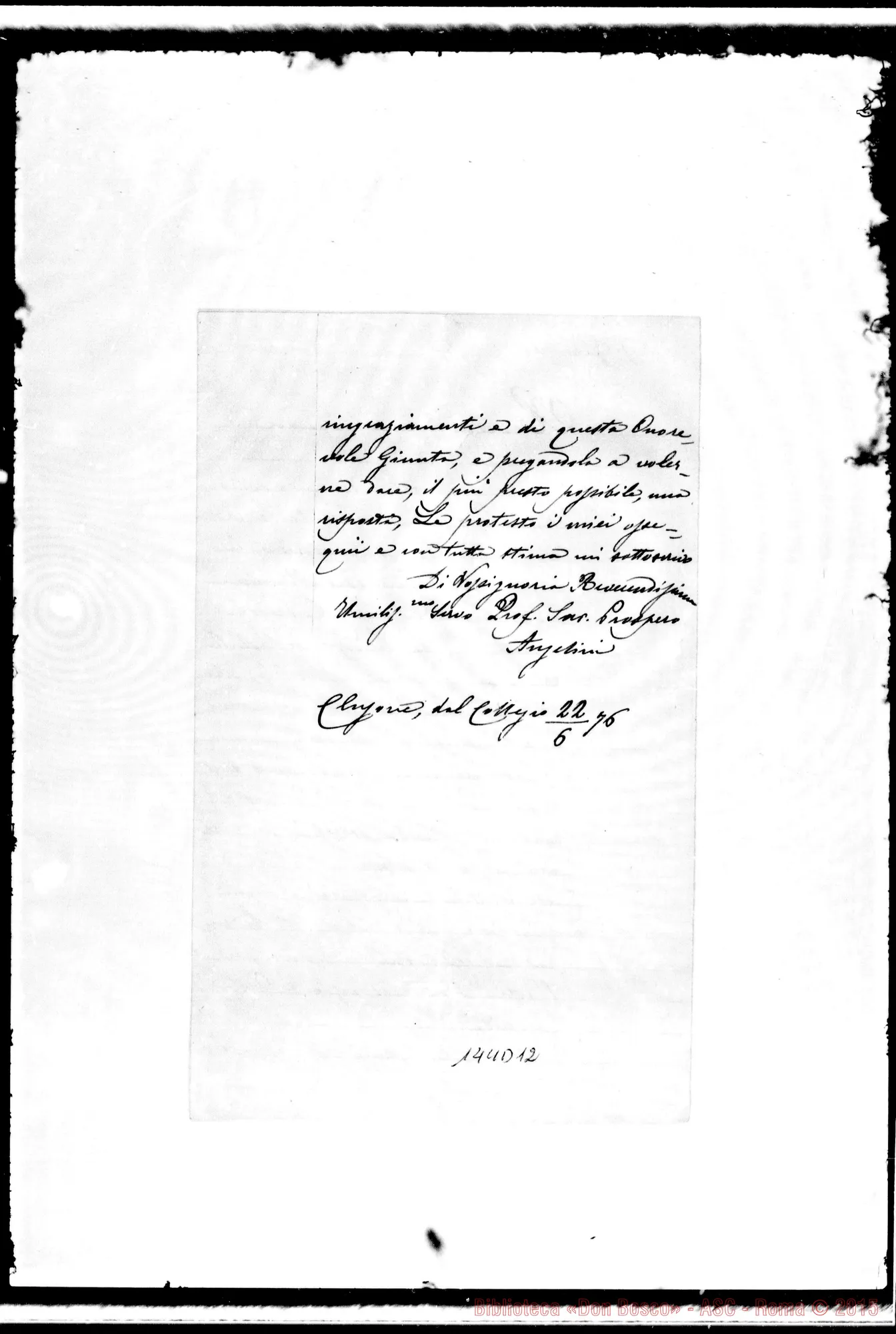 Fotogramma D 12 — elusone: Corrispond.: Prospero Angelini-Rev.mo Signore. Autogr. Bosco