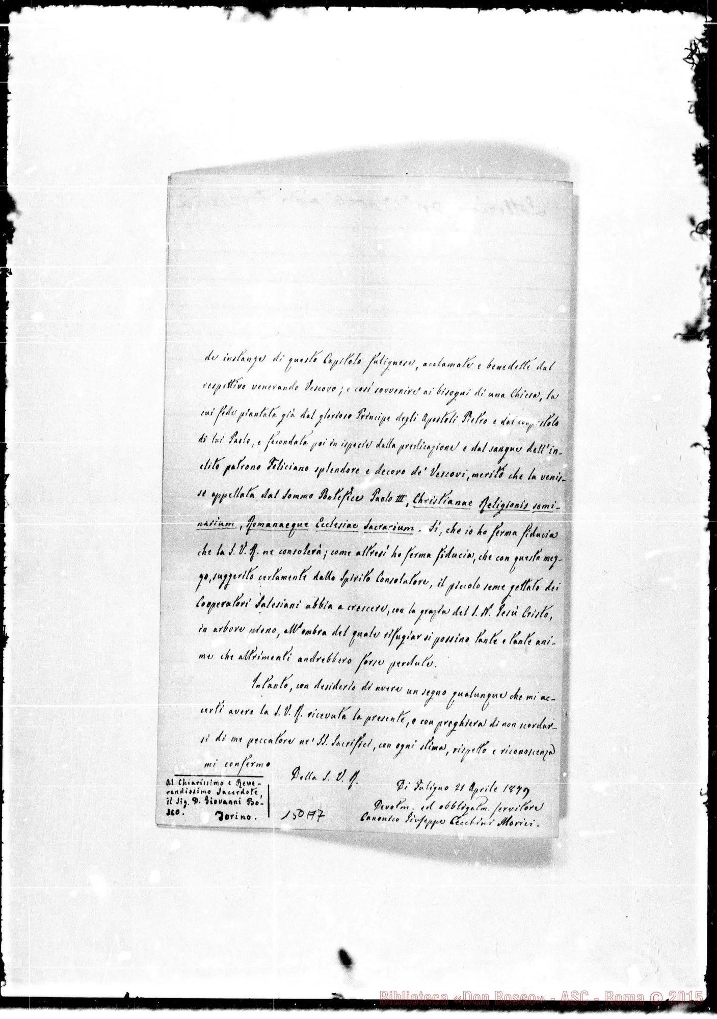 Fotogramma A 7 — Foligno: Corrispond.: Can. Giuseppe C. Morici-Rev.mo Signore