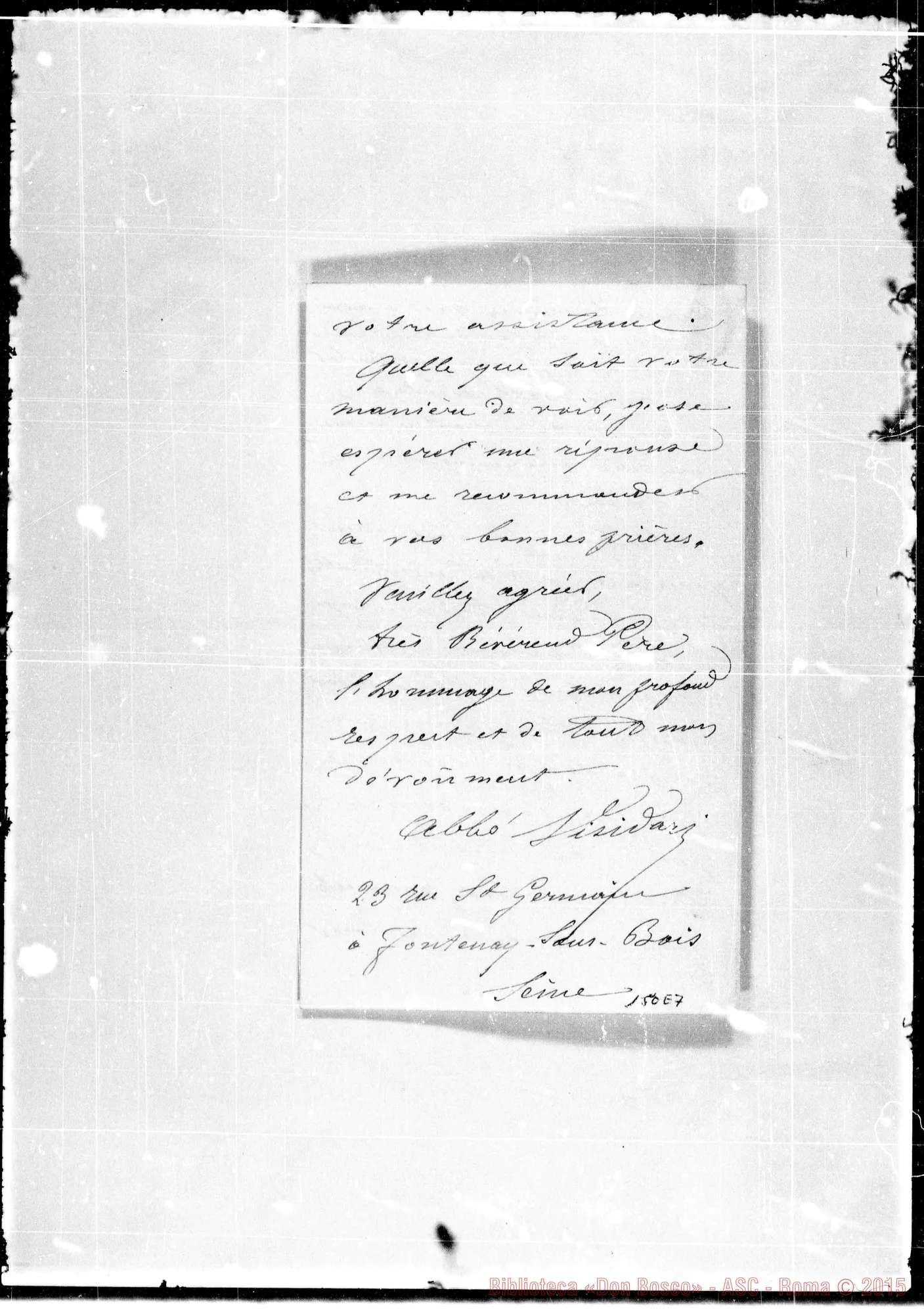 Fotogramma E 7 — Fontenay: Corrispond.: Abbé Visidari-Trè Révérend Pére. Autogr. Bosco