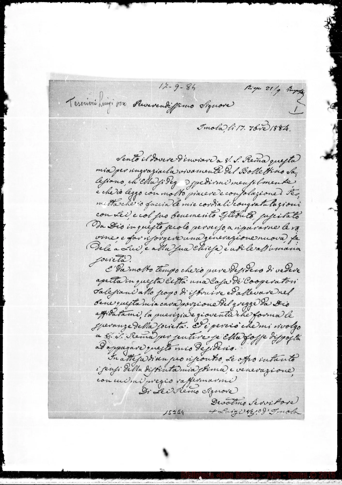 Fotogramma E 4 — Imola: Corrispond.: Tesorieri Luigi, vesc.-Rev.mo Signore