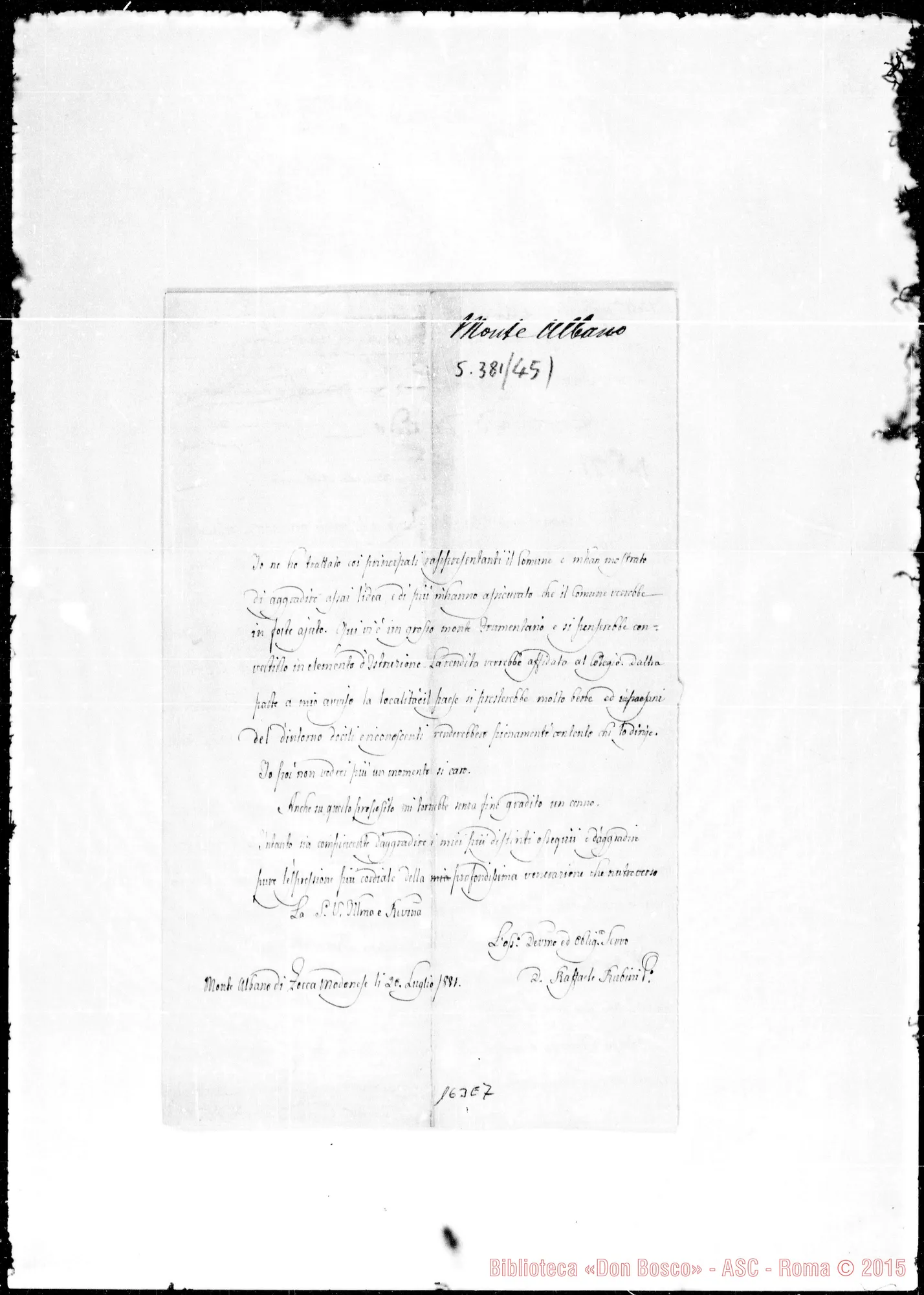 Fotogramma E 7 — Monte Albano: Corrispond.: Raffaele Rubini-Rev.mo Signore