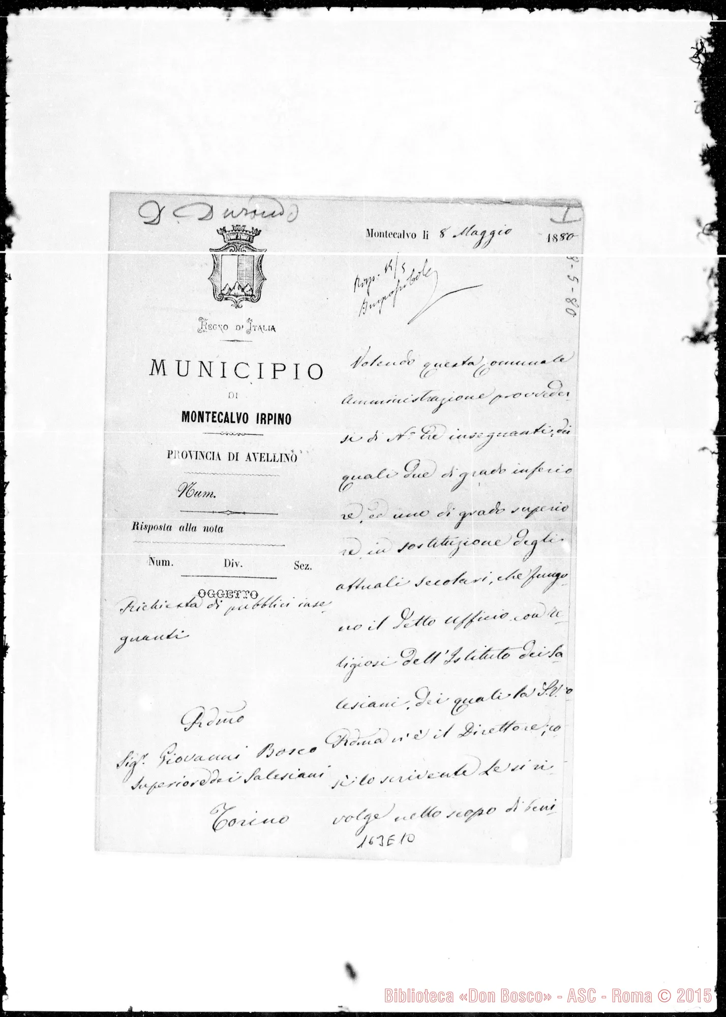 Fotogramma E 10 — Montecalvo Irpino: Corrispond.: Sindaco-Bosco. Autogr. Bosco