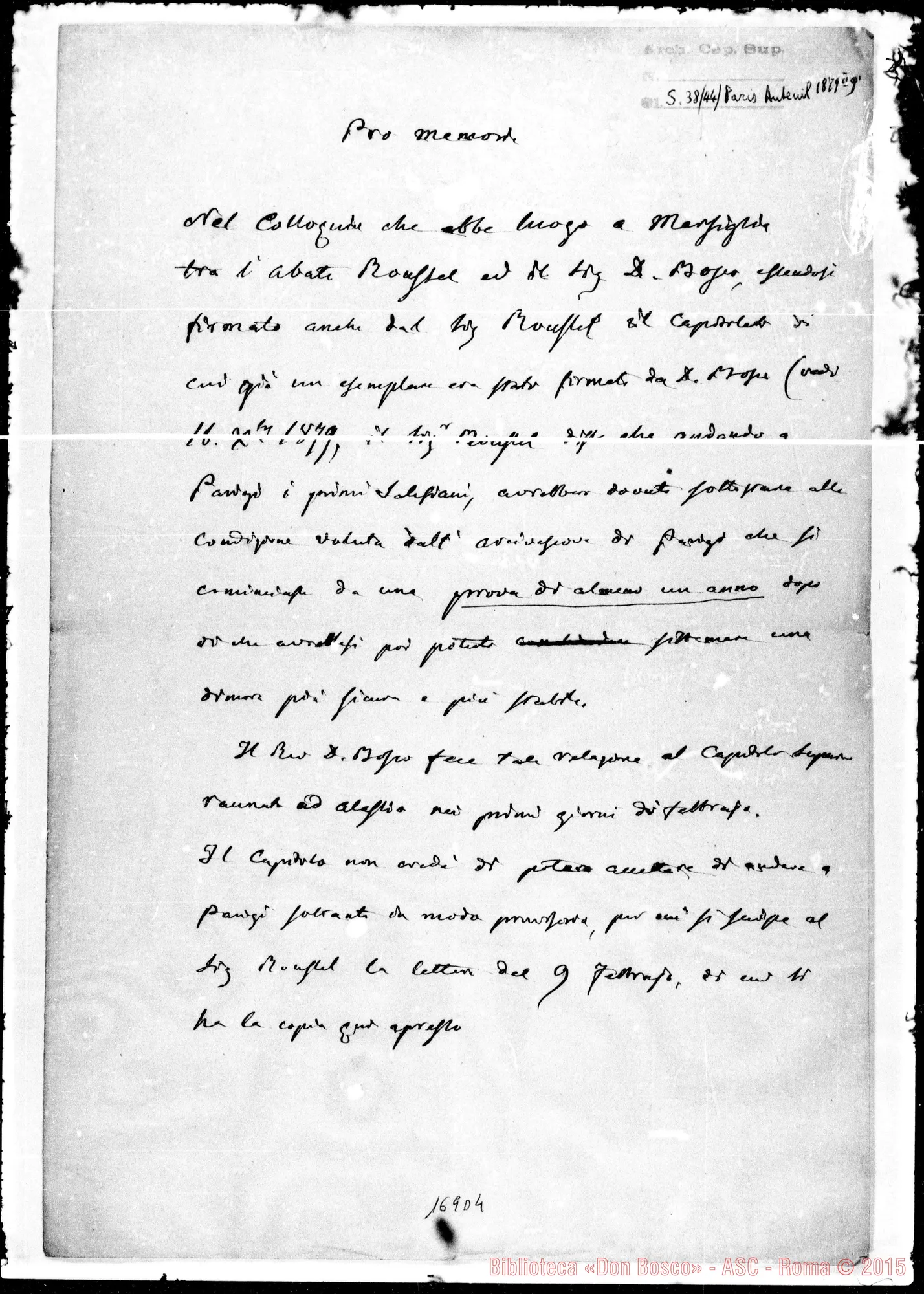Fotogramma D 4 — Minuta di lettera E promemoria A L’Abbé L. Roussel