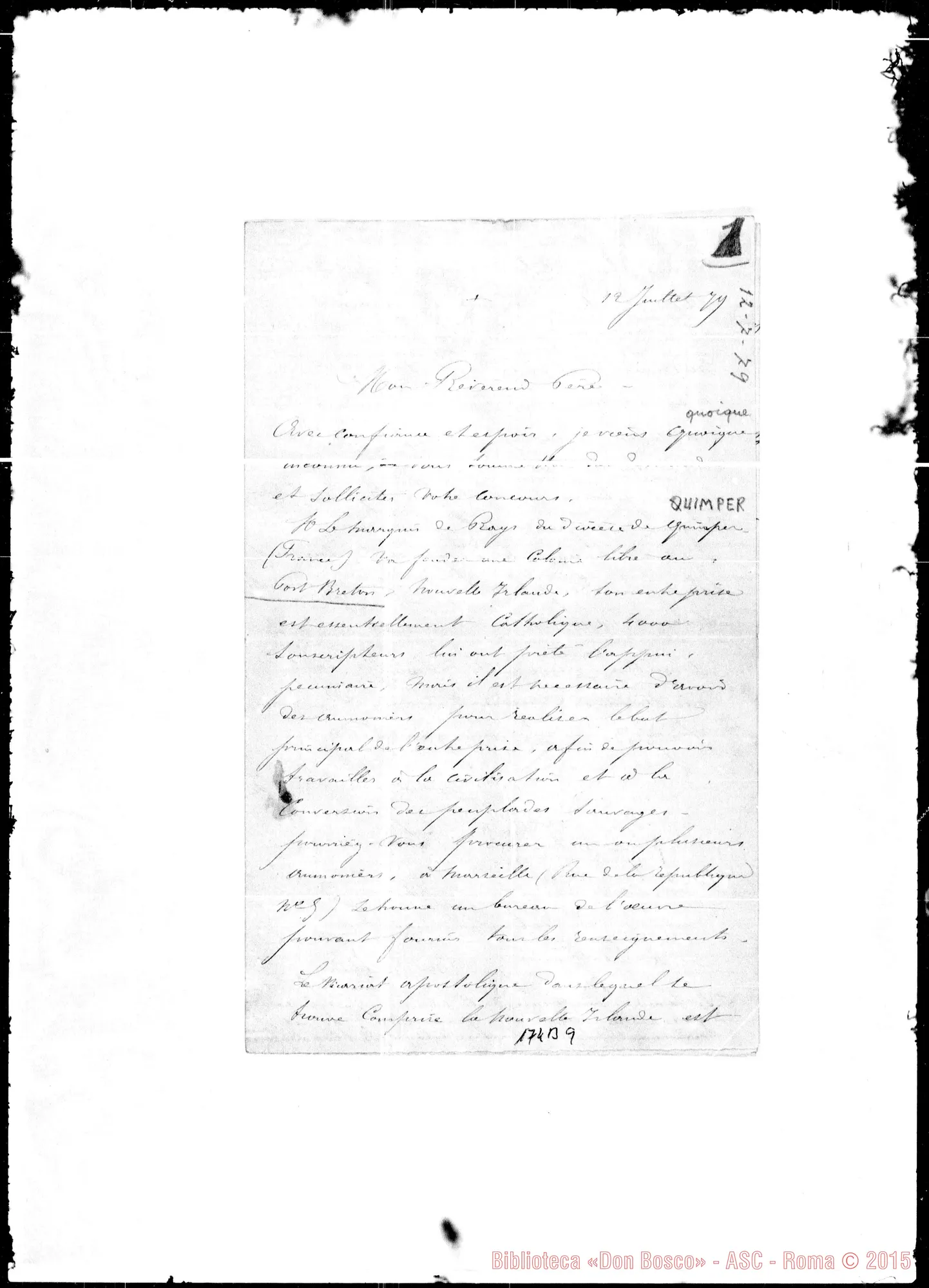 Fotogramma B 9 — Port Breton: Corrispond.: A. Gamare-Mon Révérend Père