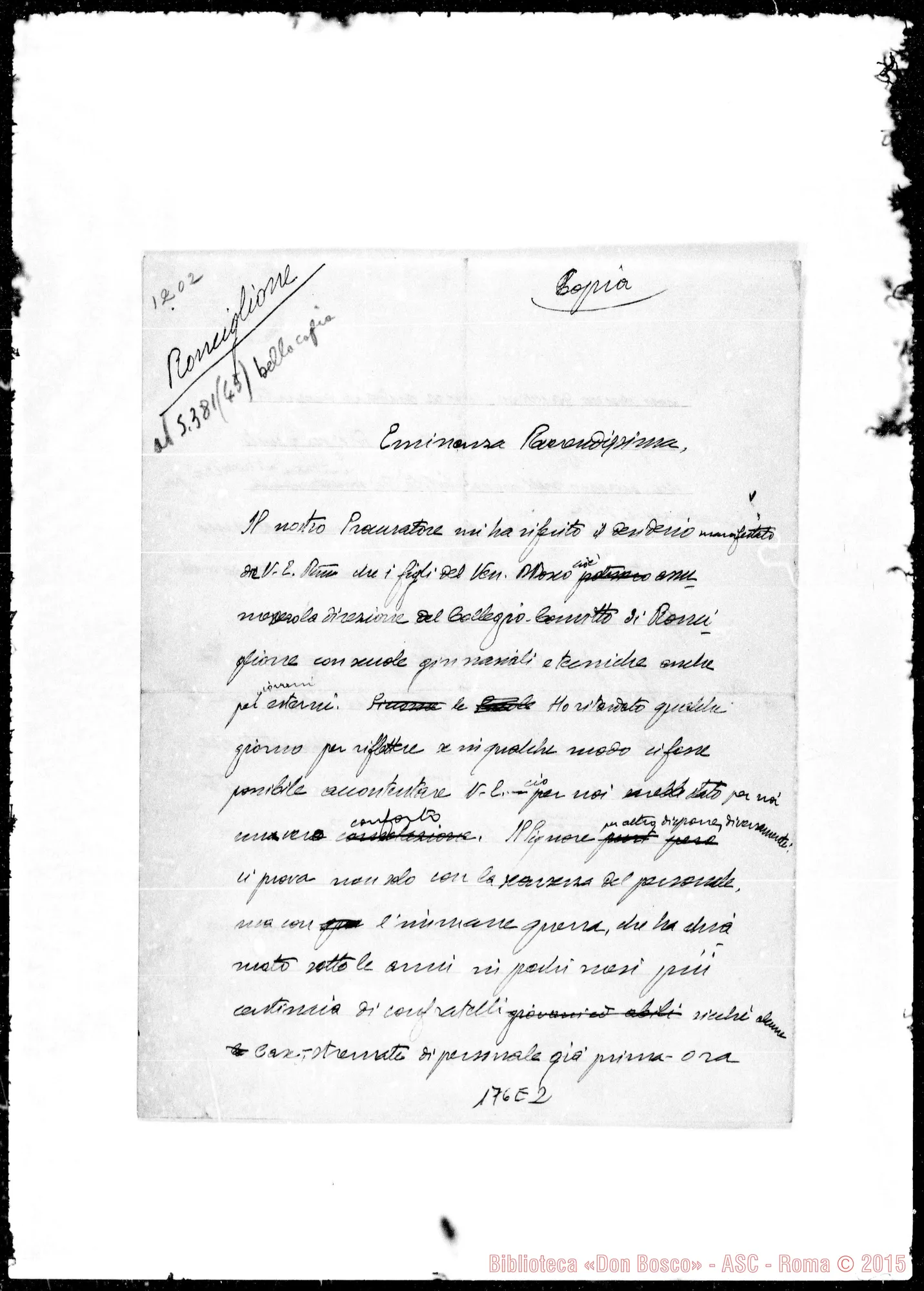 Fotogramma E 2 — Eminenza Rev.ma. Minuta di lettera. Copia