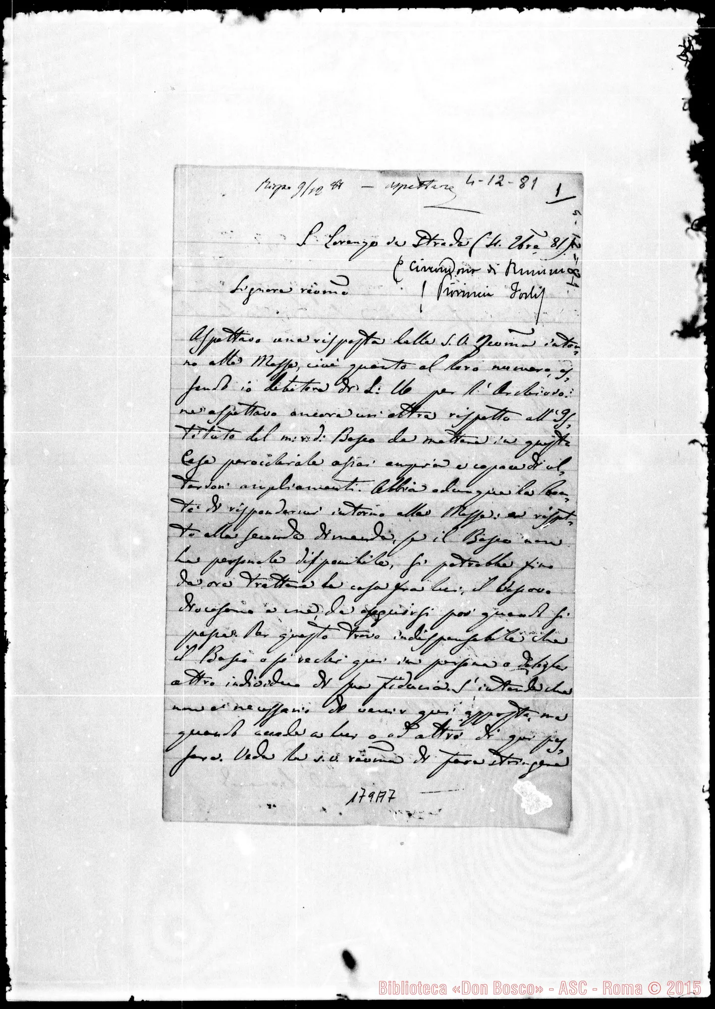 Fotogramma A 7 — S. Lorenzo da Strada: Corrispond.: Leonardo Leonardi-Signore Rev.mo