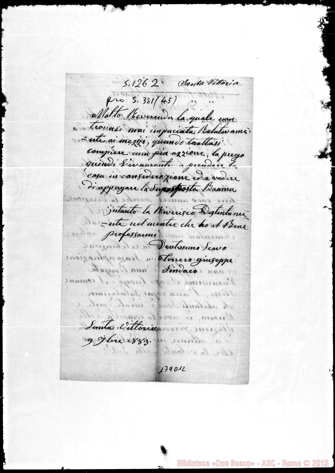 Fotogramma D 12 — Santa Vittoria in Matenano: Corrispond.: Sindaco-Rev.do Signore