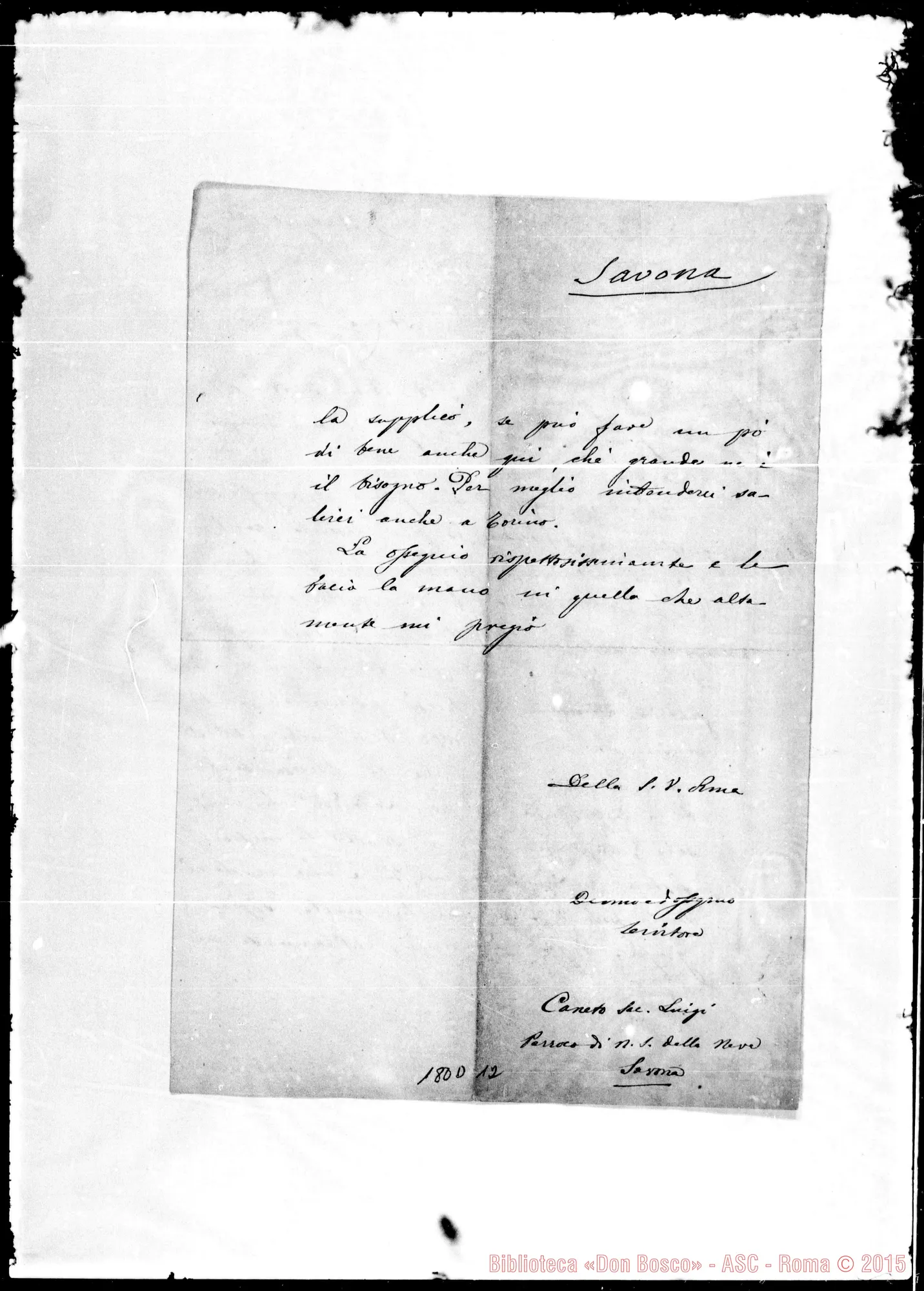 Fotogramma D 12 — Savona: Corrispond.: Luigi Caneto, sac.-Rev.mo E Stim.mo Signore