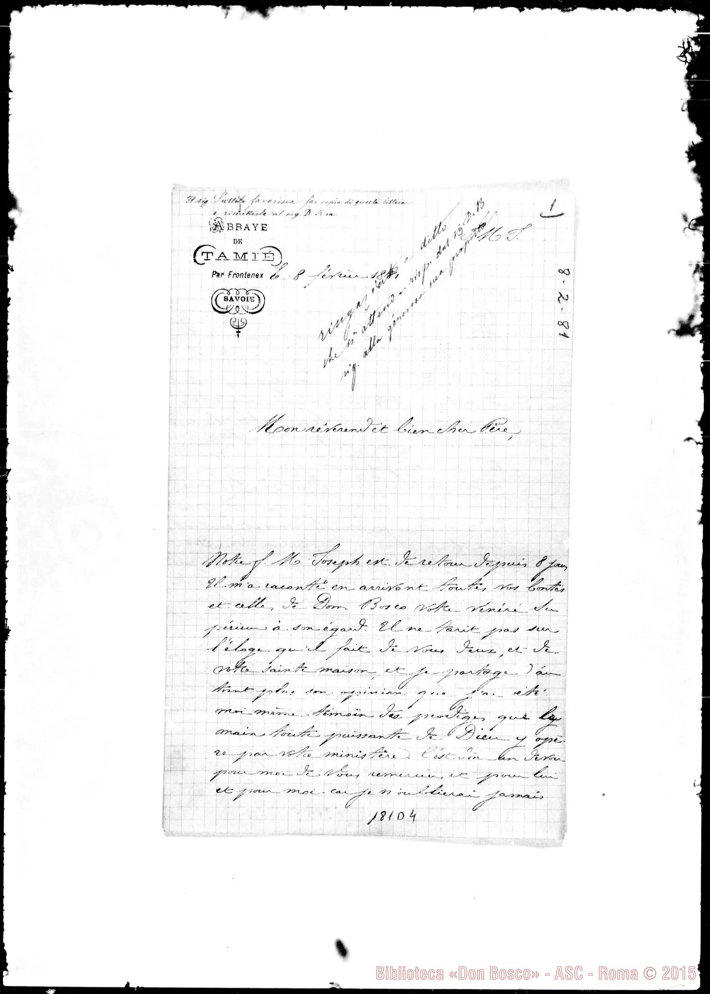 Fotogramma D 4 — Tamie: Corrispond.: Louis Seignol-Mon Révérend et bien cher Pére