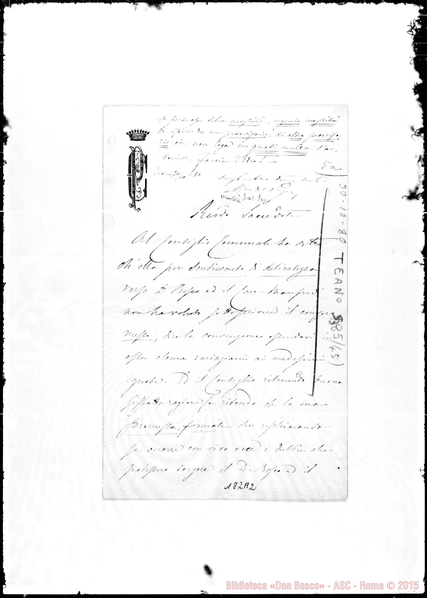 Fotogramma A 2 — Teano: Corrispond.: Dal Pezzo-Rev.do Sac.