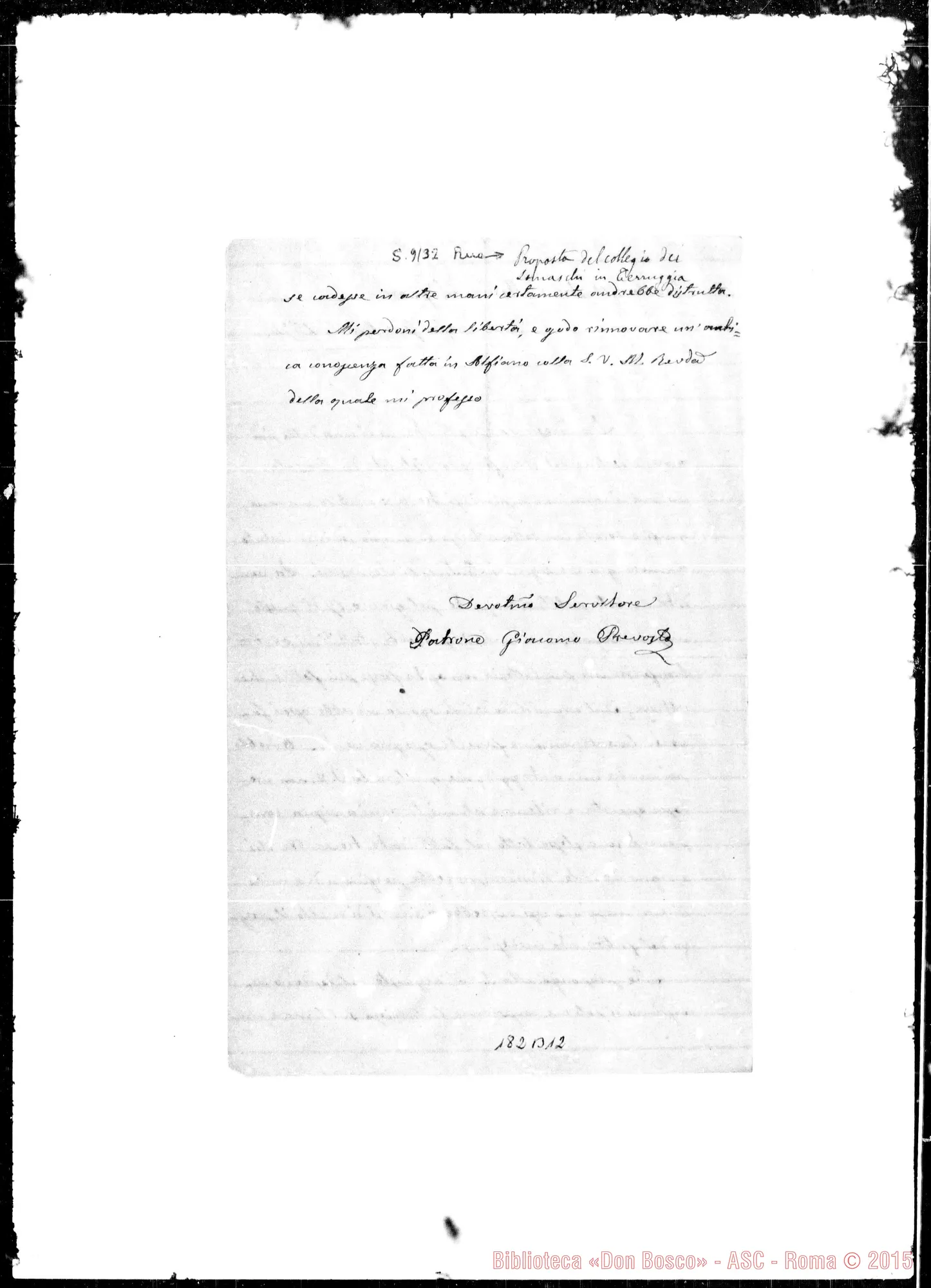 Fotogramma B 12 — Terrugia-Casale: Corrispond.: Prevosto Giacomo P.-Rev.do Signore