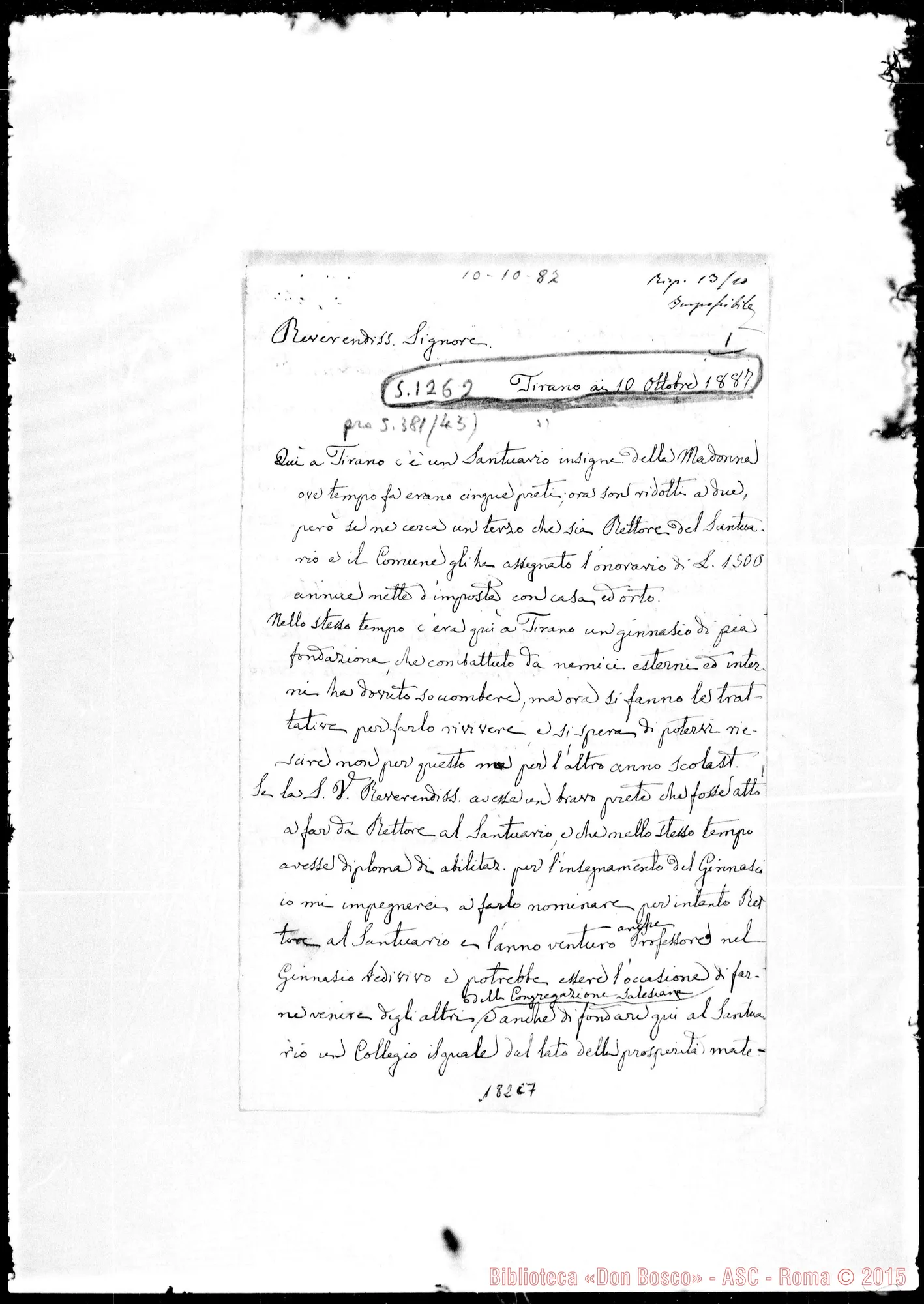 Fotogramma C 7 — Tirano: Corrispond.: Sac. Luigi Albonico-Rev.mo Signore