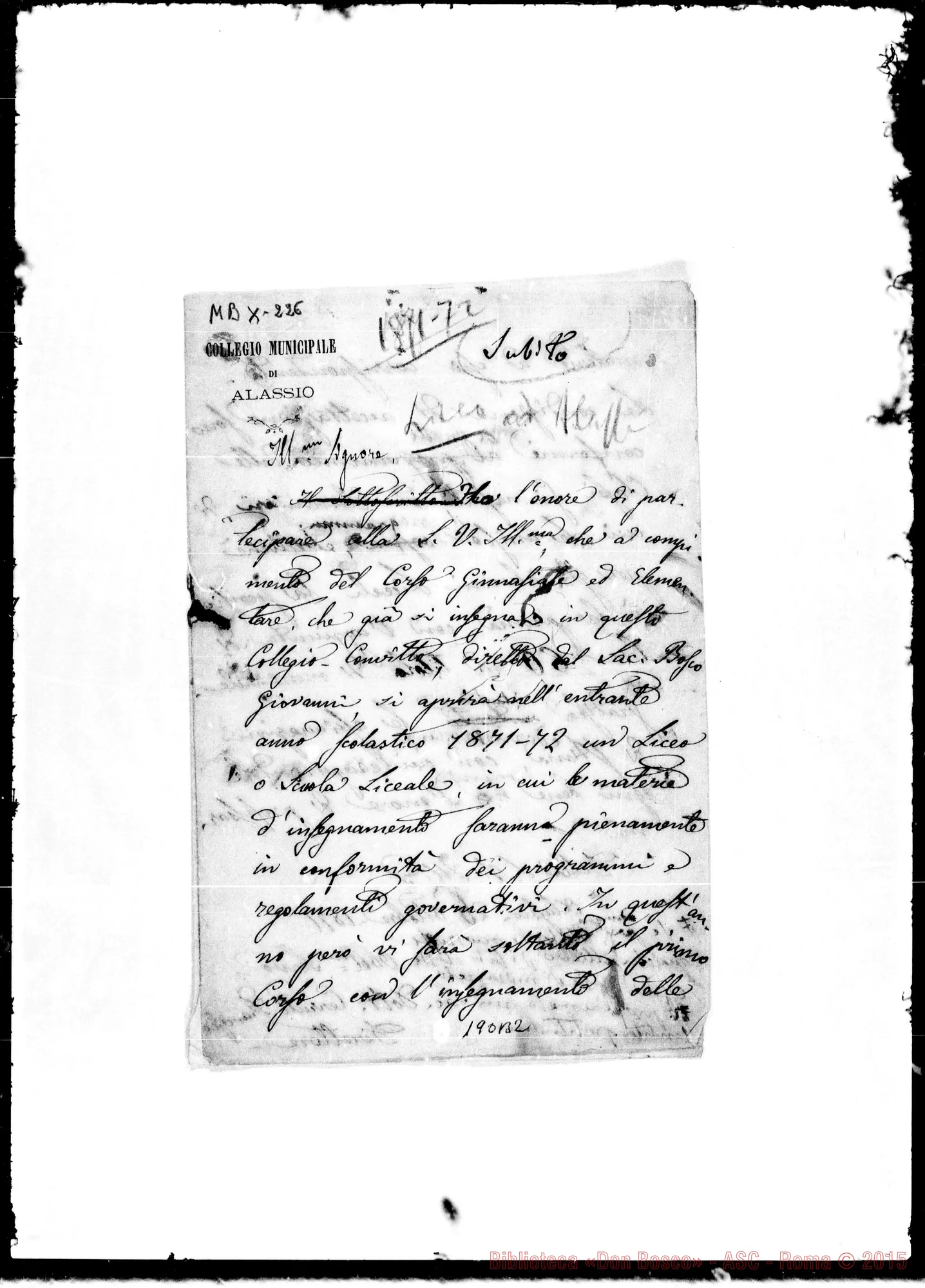 Fotogramma B 2 — Circolare del Direttore D. Cerruti. Minuta ms. con autogr. Bosco