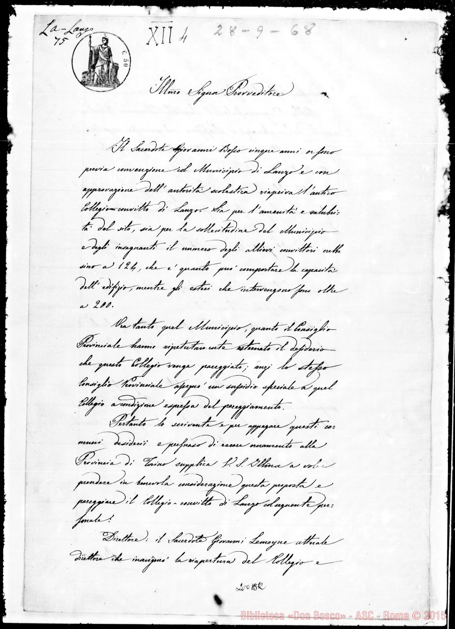 Fotogramma B 12 — Bosco-Ili.mo Sig. Provveditore. Carta orig. Firma autogr. Bosco
