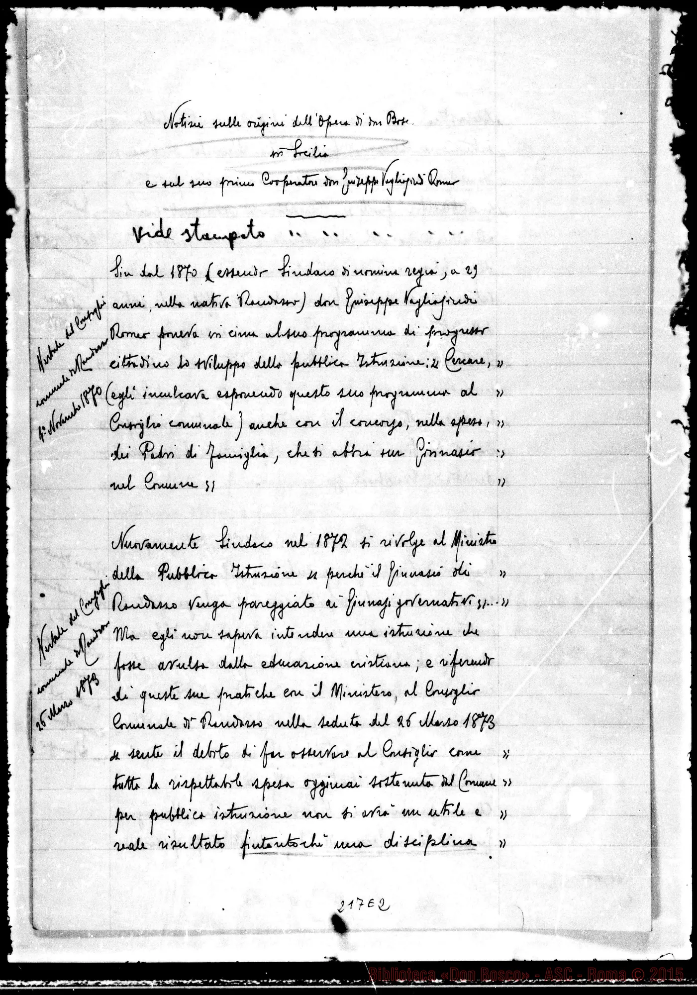 Fotogramma E 2 — Notizie sulle origini dell’opera di D. Bosco in Sicilia