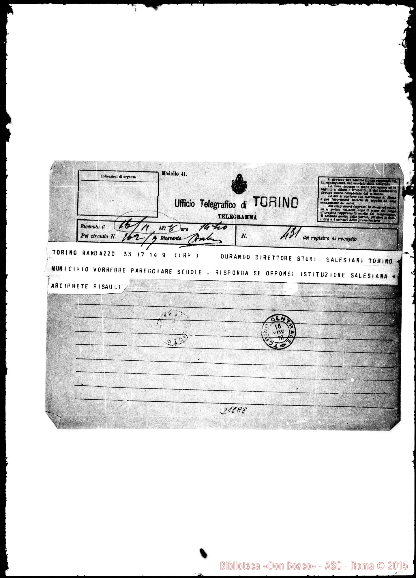 Fotogramma A 8 — Fisauli, arciprete-Durando. Telegramma