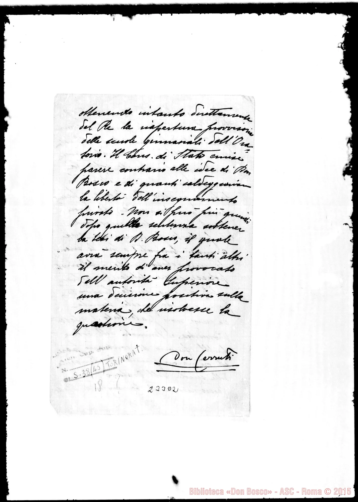 Fotogramma D 2 — Parere di D. Cerruti sulla vertenza della Chiusura delle Scuole