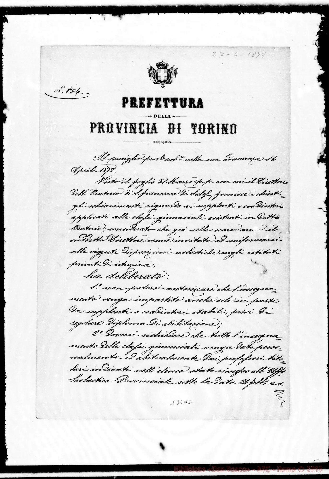Fotogramma A 2 — Prefettura di Torino: «Il Consiglio…»