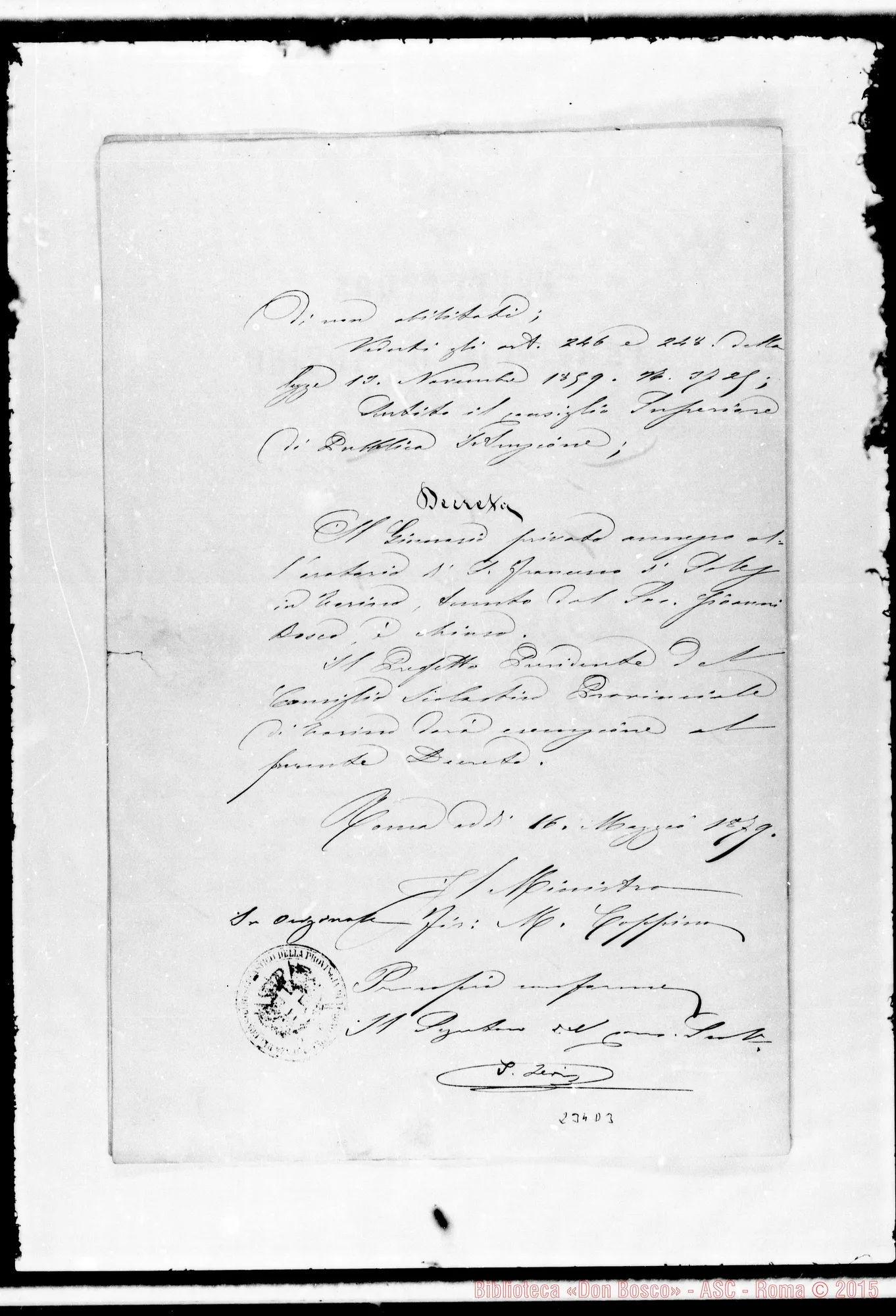 Fotogramma D 3 — Prefettura di Torino: Copia di Decreto del M.P.I.