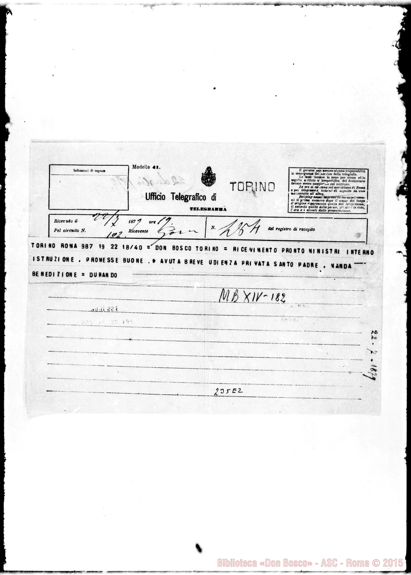 Fotogramma E 2 — Durando-Bosco. Telegramma