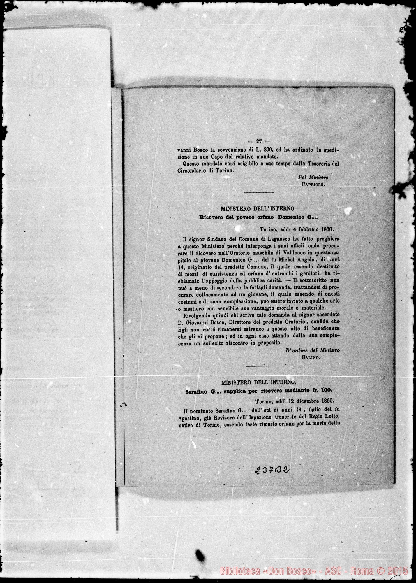 Fotogramma B 2 — «L’Oratorio… Ospizio di Beneficenza…» Stampato. Bosco