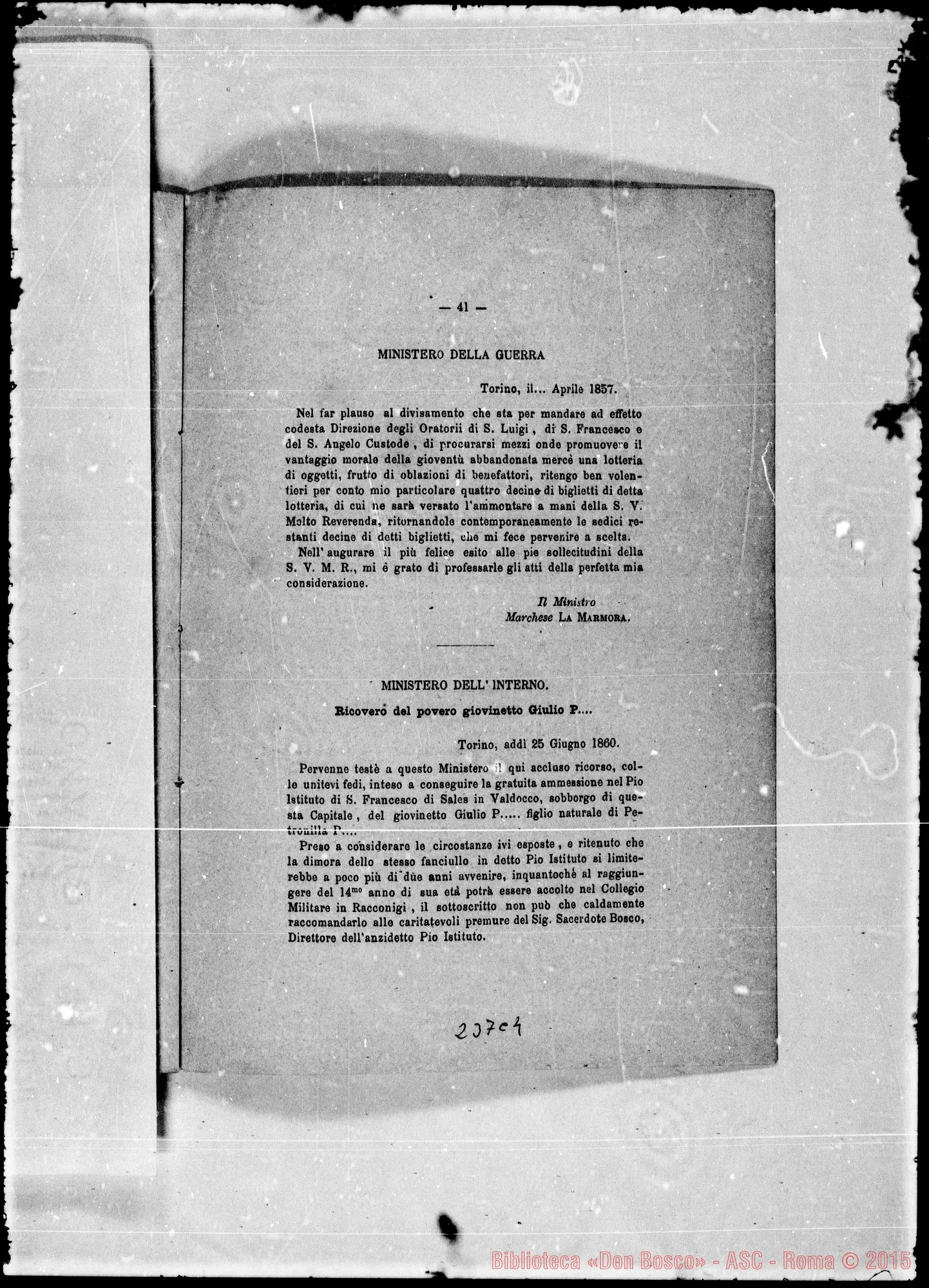 Fotogramma C 4 — «L’Oratorio… Ospizio di Beneficenza…» Stampato. Bosco