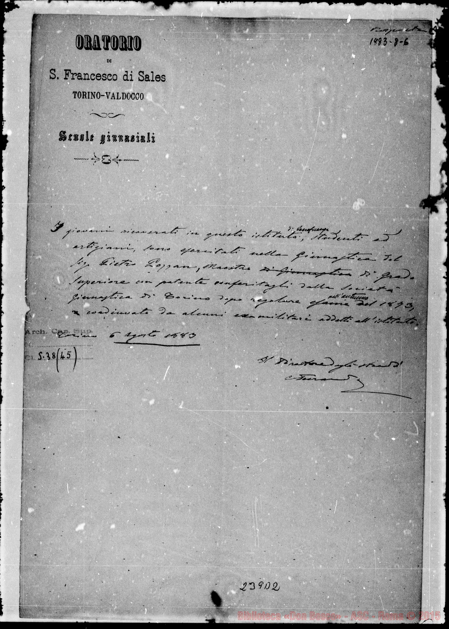 Fotogramma D 2 — Oratorio S. Francesco di Sales: Attestato