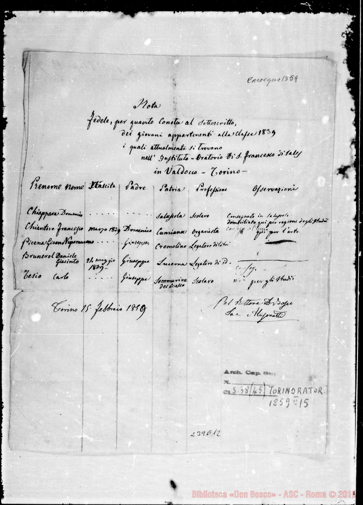 Fotogramma E 12 — Nota fedele per quanto consta al sottoscritto… 1859