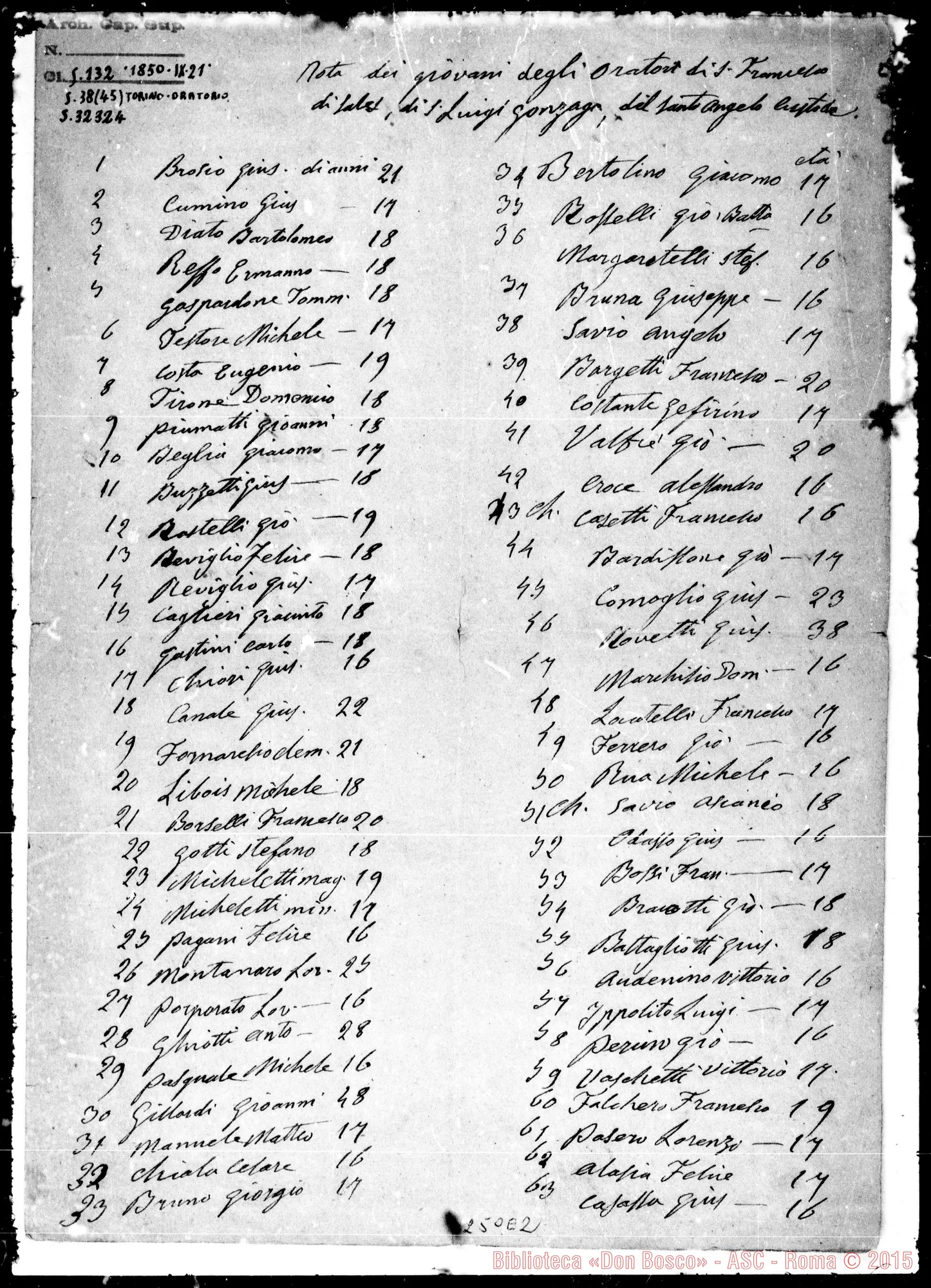 Fotogramma E 2 — Nota dei giovani degli Oratori… 1850. Ms. Bosco