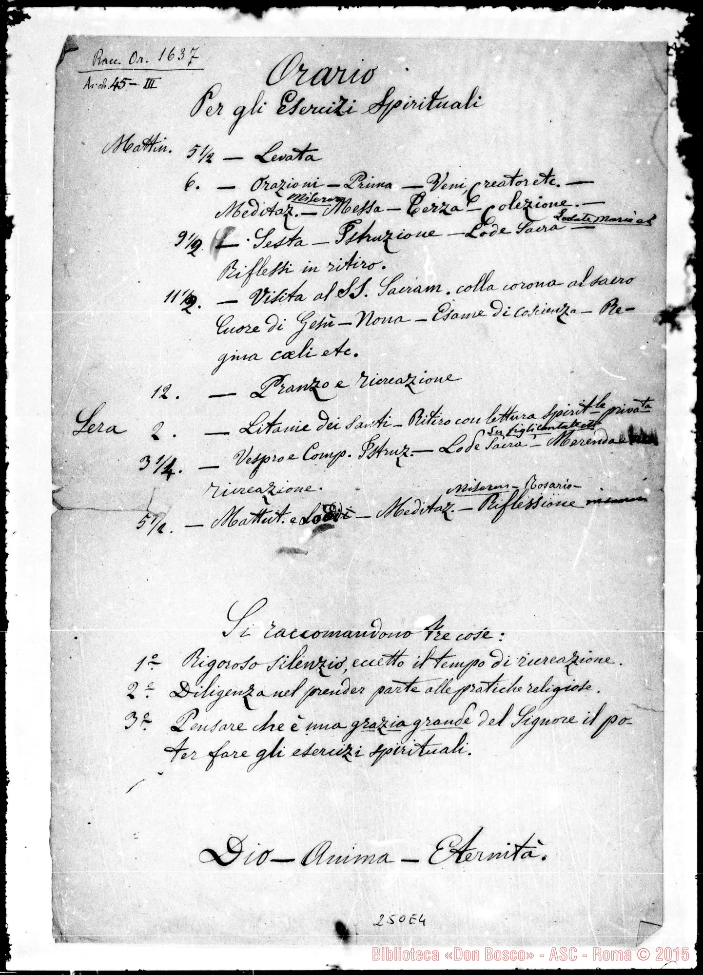 Fotogramma E 4 — Orario per gli Esercizi Spirituali. Ms. Bosco