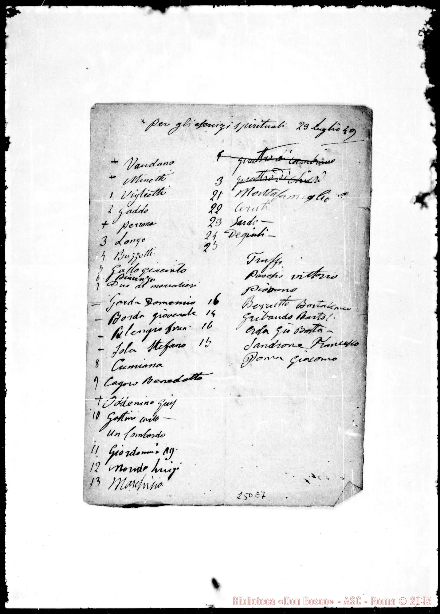 Fotogramma E 7 — Per gli esercizi Spirituali. 23 luglio 49. Ms. Bosco