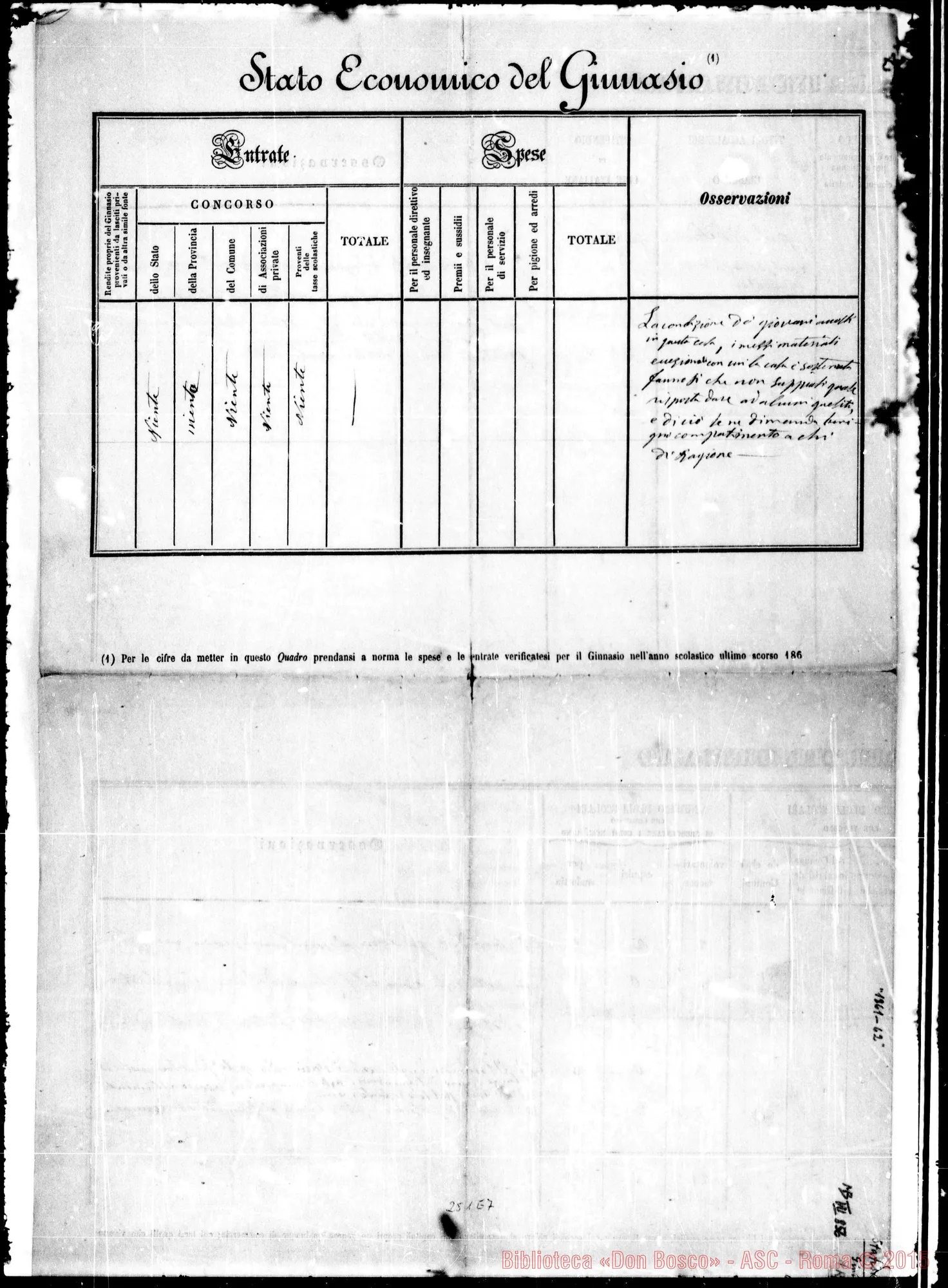Fotogramma E 7 — Statistica del Ginnasio A richiesta dal Ministero. Autografi Bosco