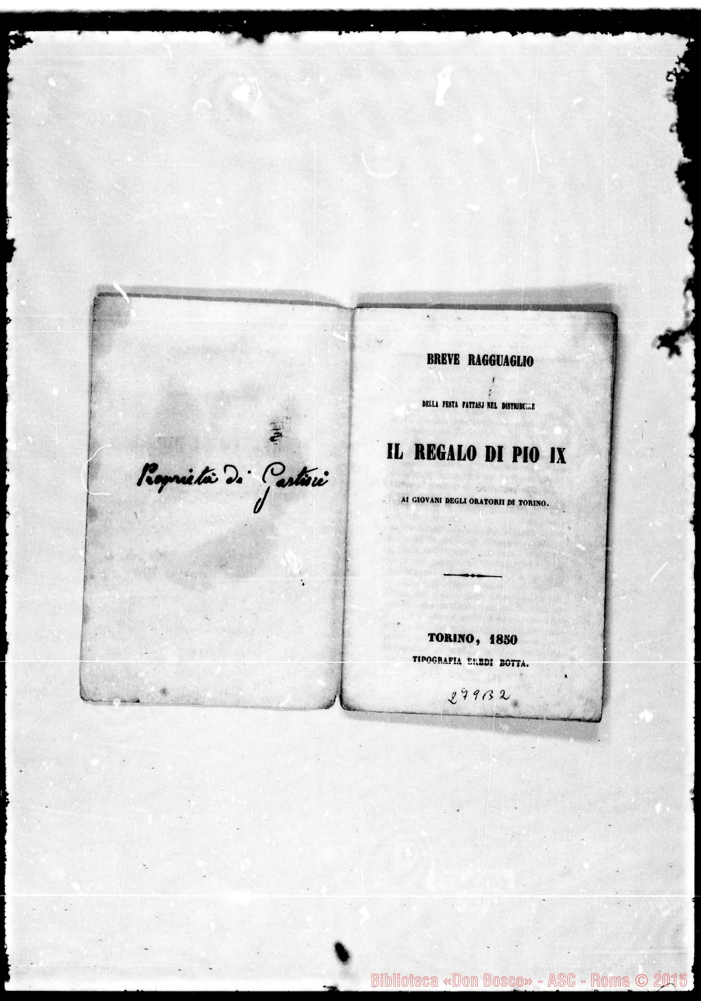 Fotogramma B 2 — Breve ragguaglio… nel distribuire il regalo di Pio IX. Stampato: correz. Bosco