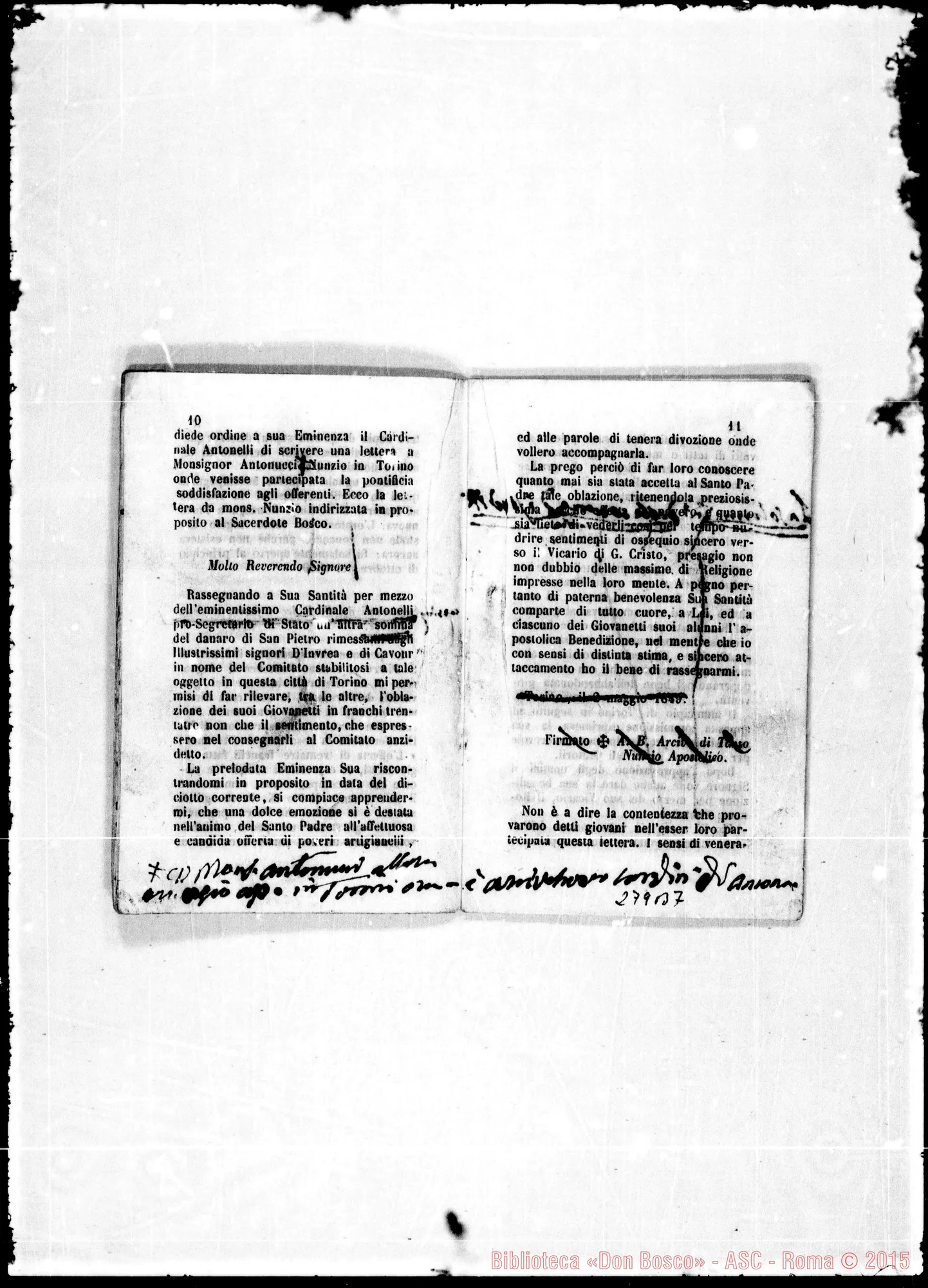 Fotogramma B 7 — Breve ragguaglio… nel distribuire il regalo di Pio IX. Stampato: correz. Bosco